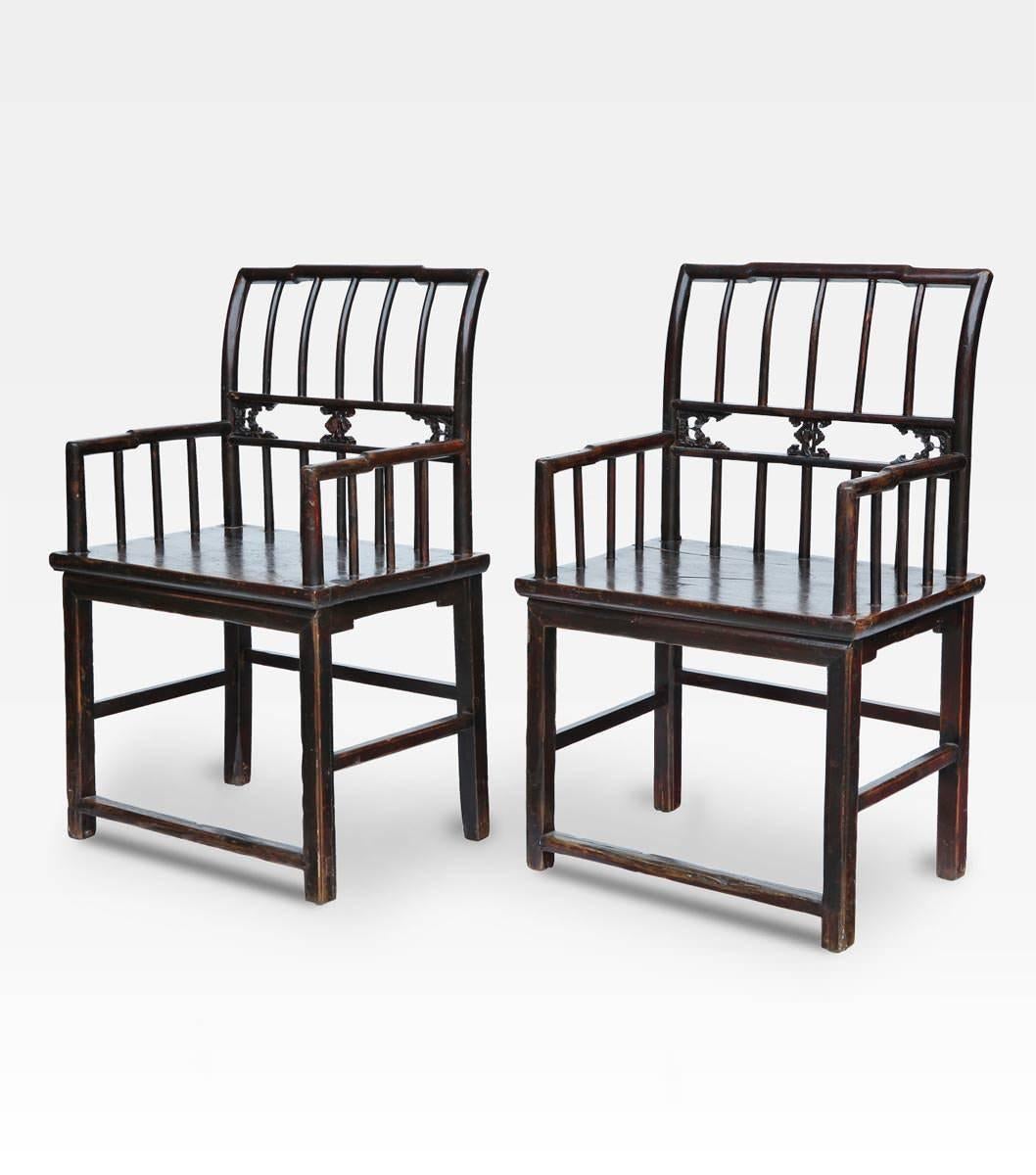 Beautiful set of six Chinese chairs. The minimal design, clean lines bring immediately at ancient imperial courts. At the center of the backrest vertical lines are interrupted by a flowery frieze which represents a man or a woman in a scene of rural