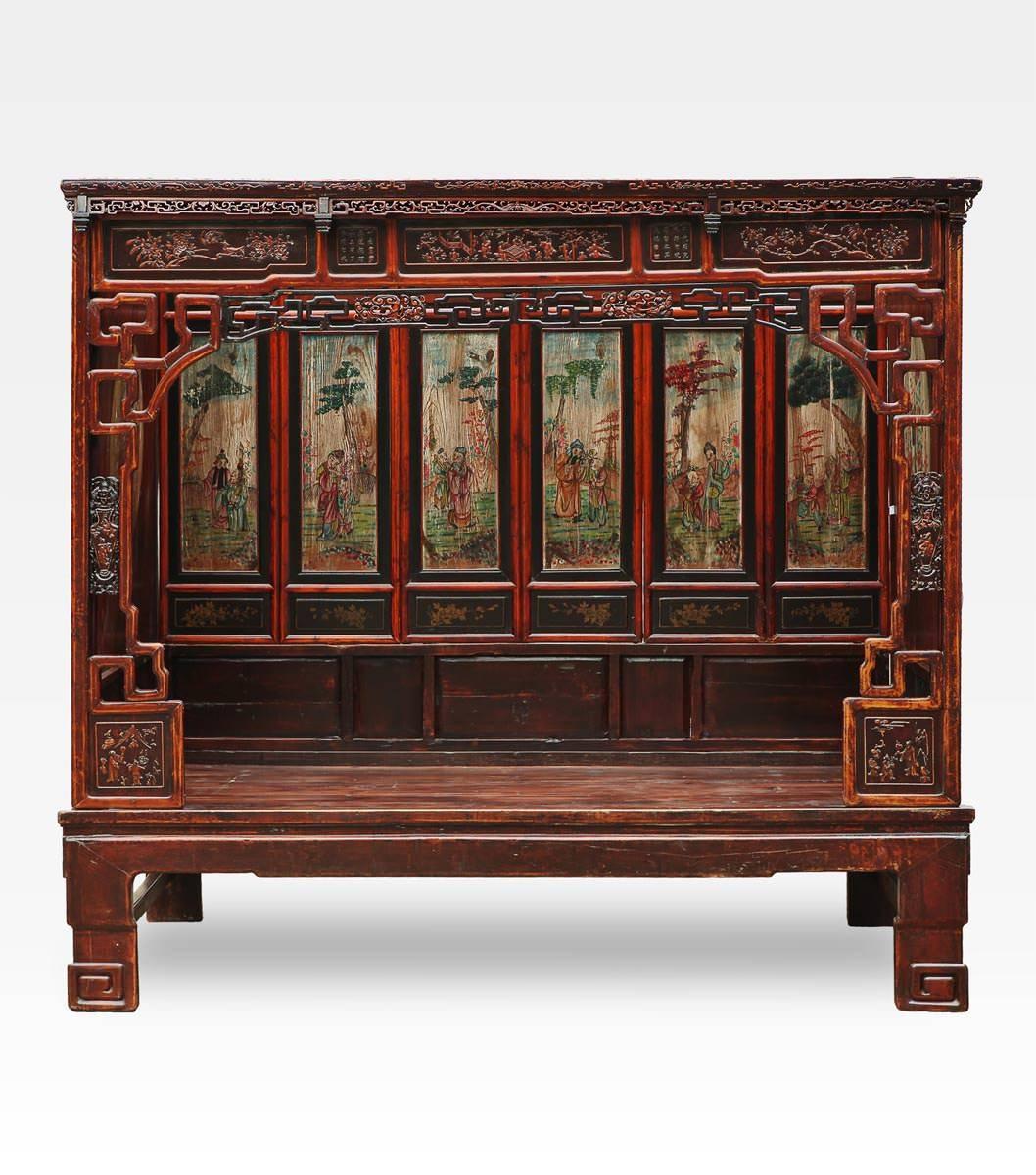 Ancient Chinese canopy bed made of elmwood. A piece of rare beauty decorated with friezes and paintings which make it a great work of art. sleep into this beed it's like to live in another, magical world: canopy side walls have two round-painted,