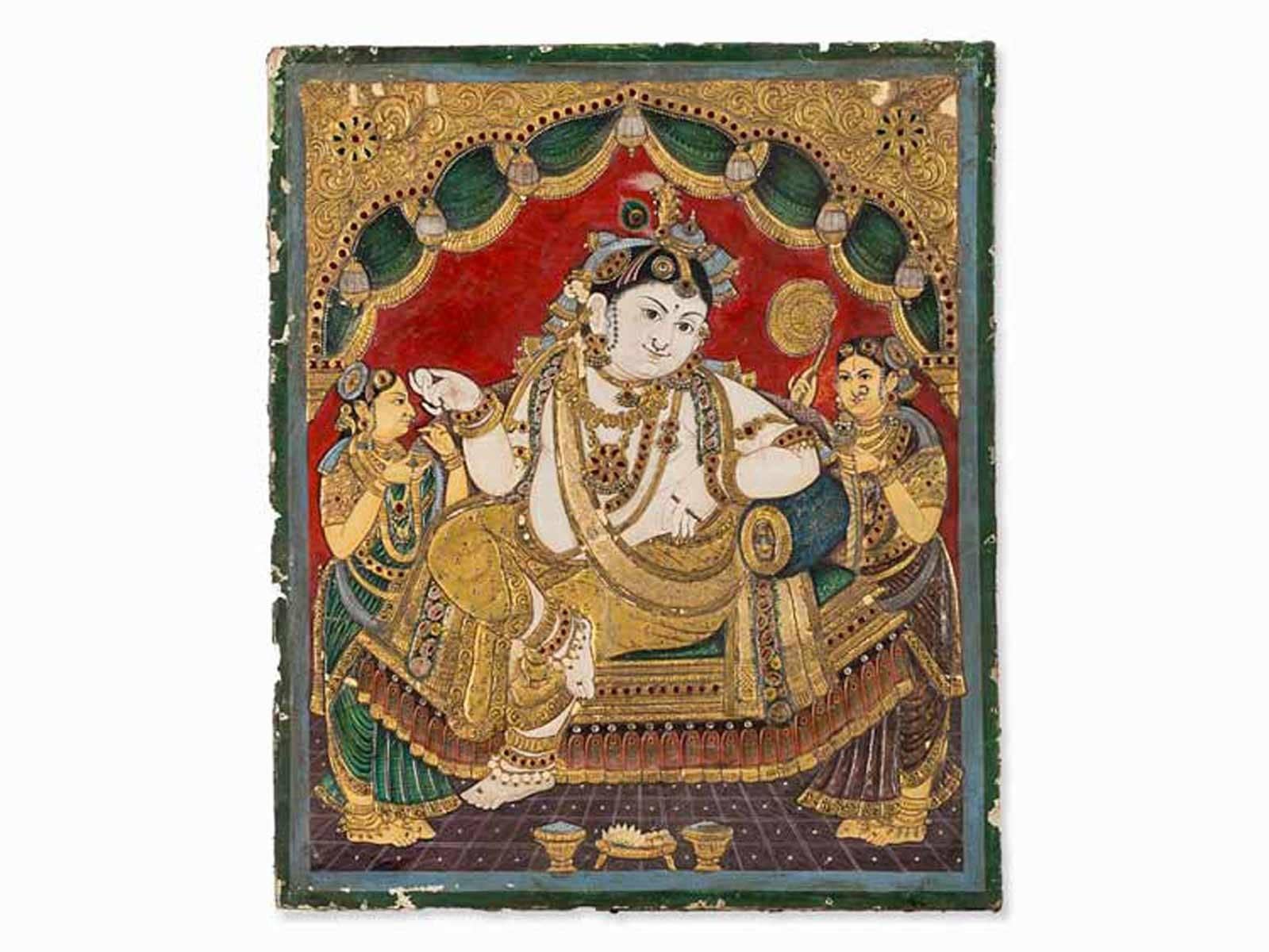 The work is in an overall good condition with signs of age and wear such as loss of color and material as well as missing inlays. The work depicted 
Krishna. He is worshipped as the eighth avatar of Vishnu and recognized as the Supreme Being. He