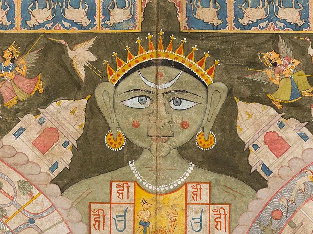 Jain Mandala painting with depiction of the universe as double cosmic diagram and in the shape of a person.
Each diagram centered by Mount Meru surrounded by the concentric circles of the continents and the Sea of salt filled with sea animals and