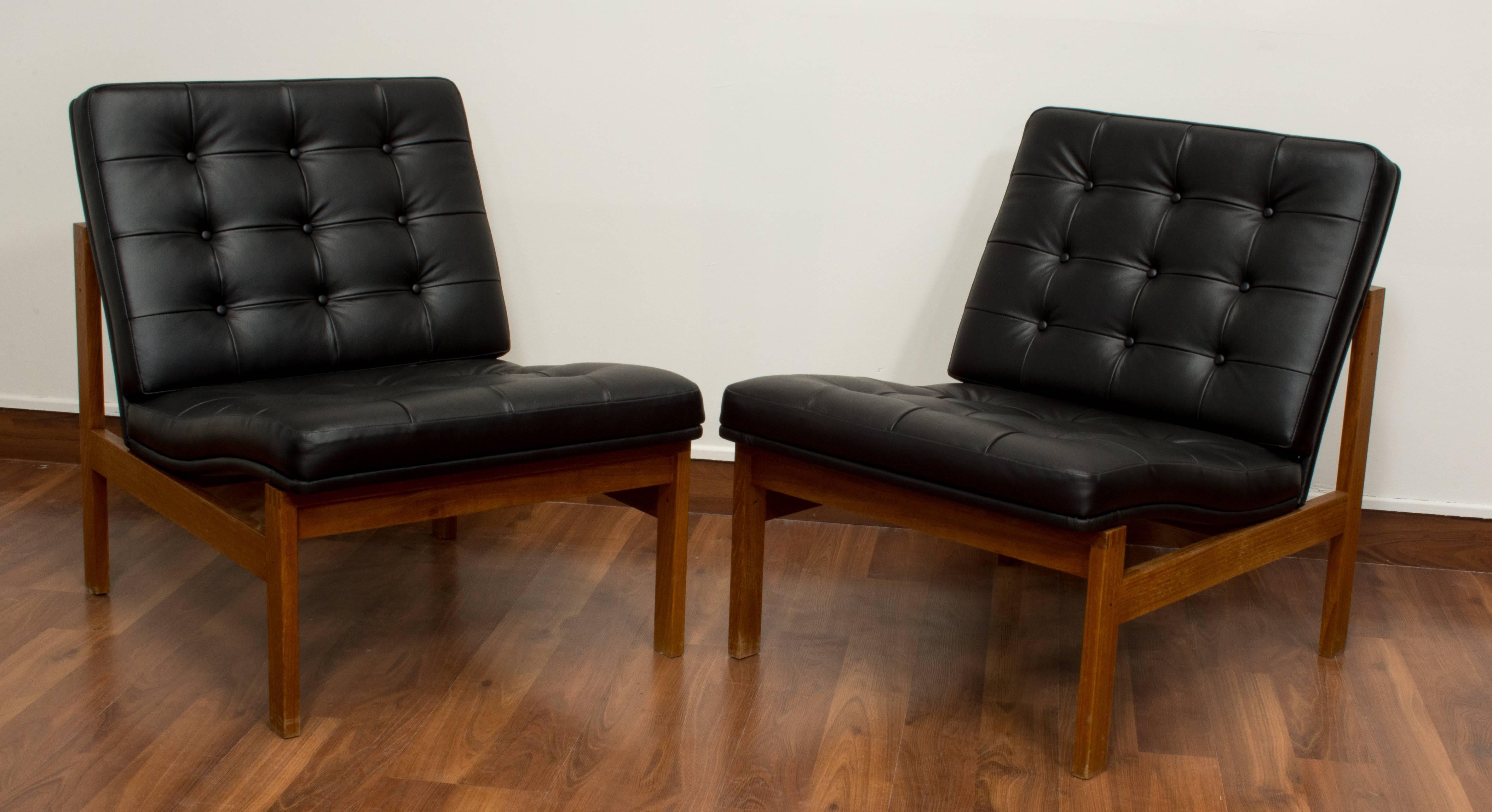 Danish Modular Chairs of Teak Covered with Black, Buttoned Leather