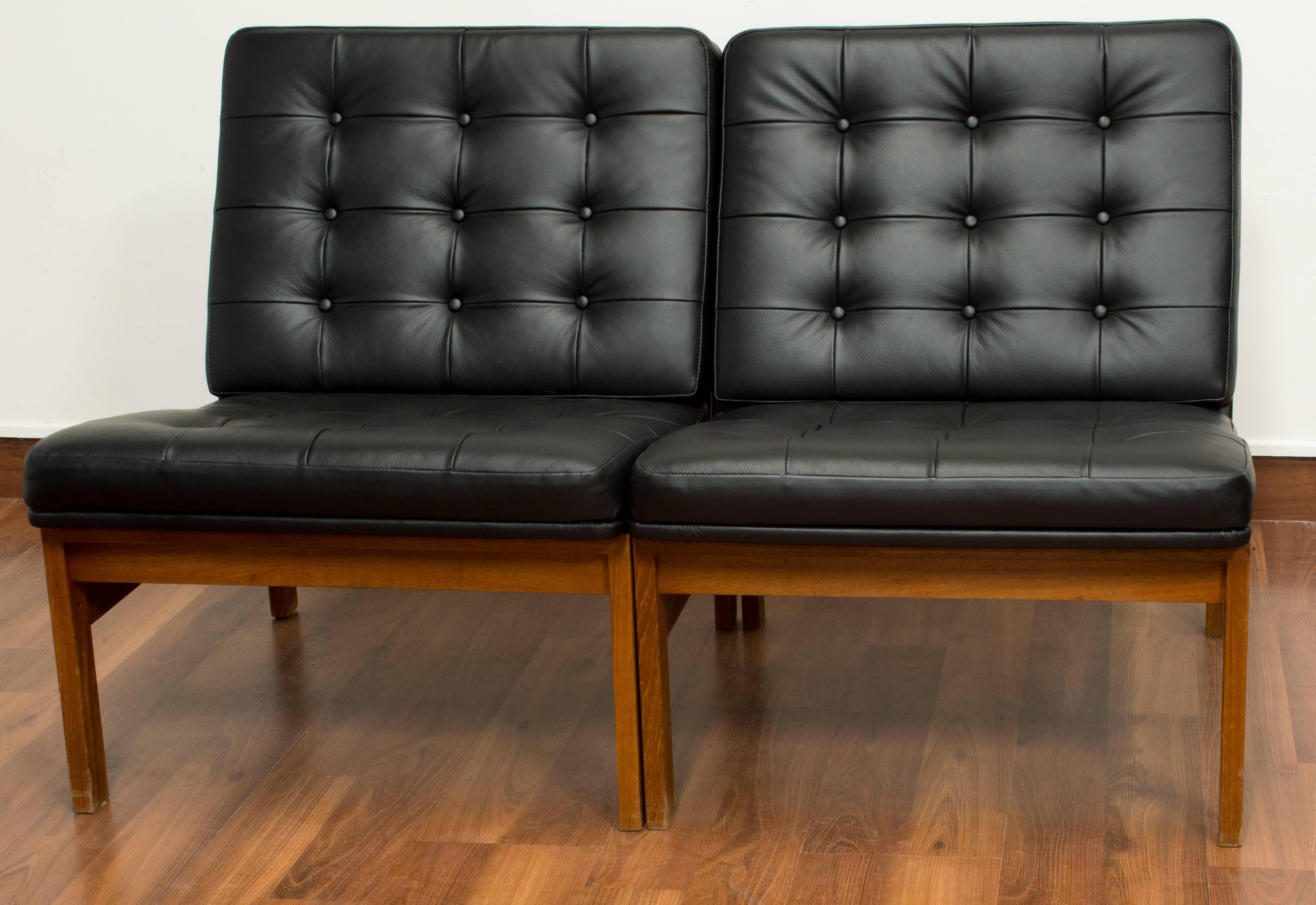 Modular Chairs of Teak Covered with Black, Buttoned Leather 1