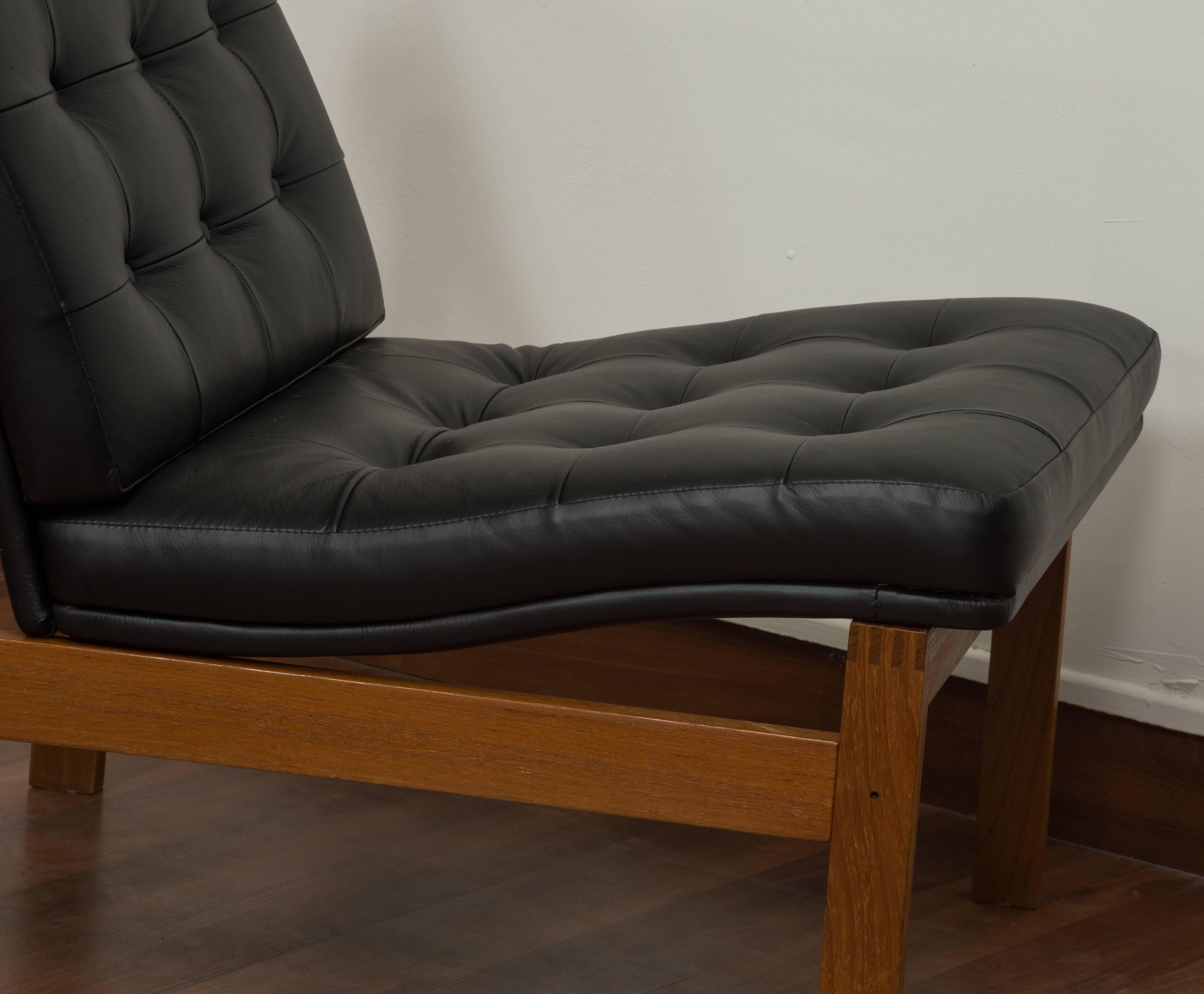 Modular Chairs of Teak Covered with Black, Buttoned Leather 2