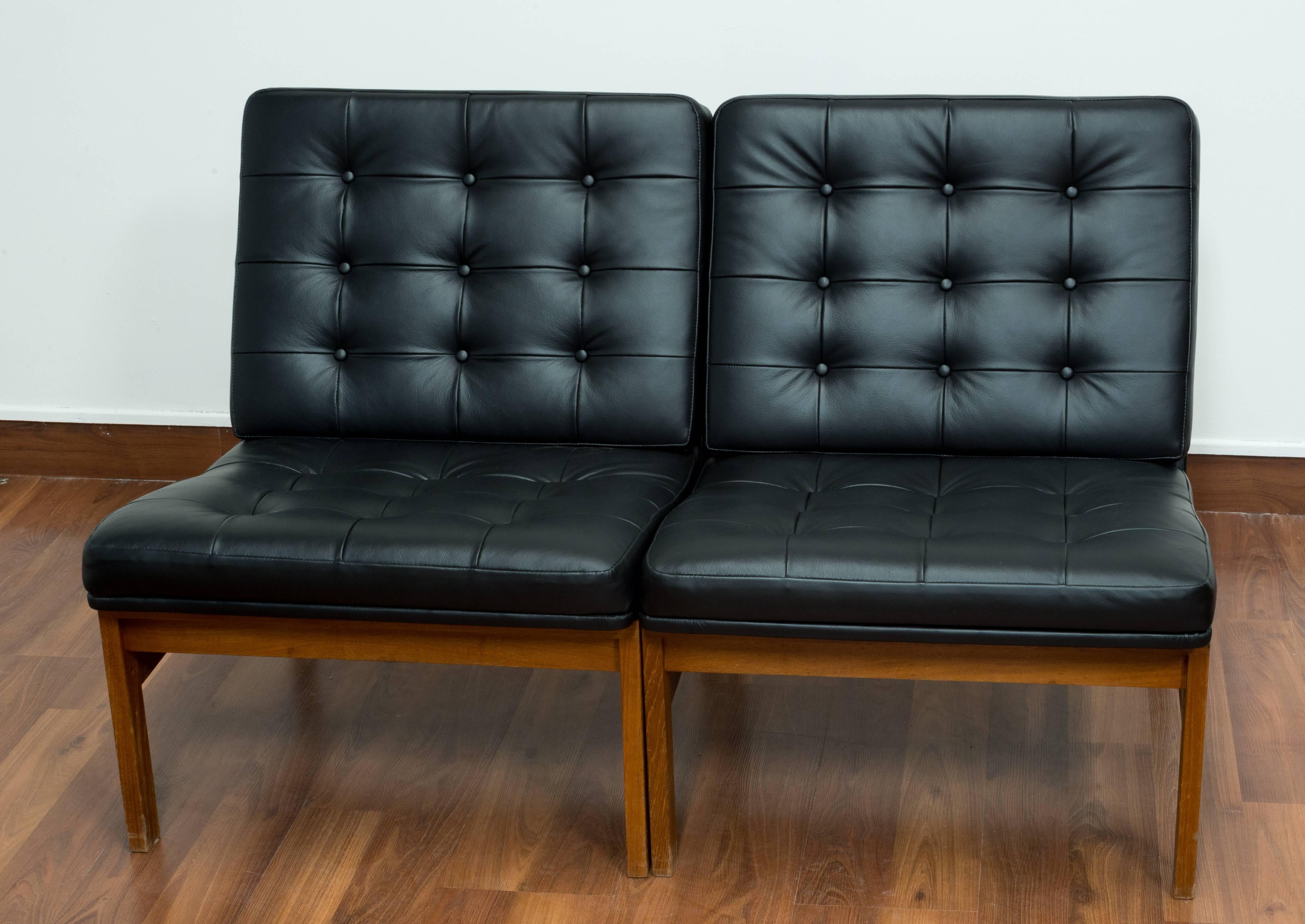 Modular Chairs of Teak Covered with Black, Buttoned Leather 3