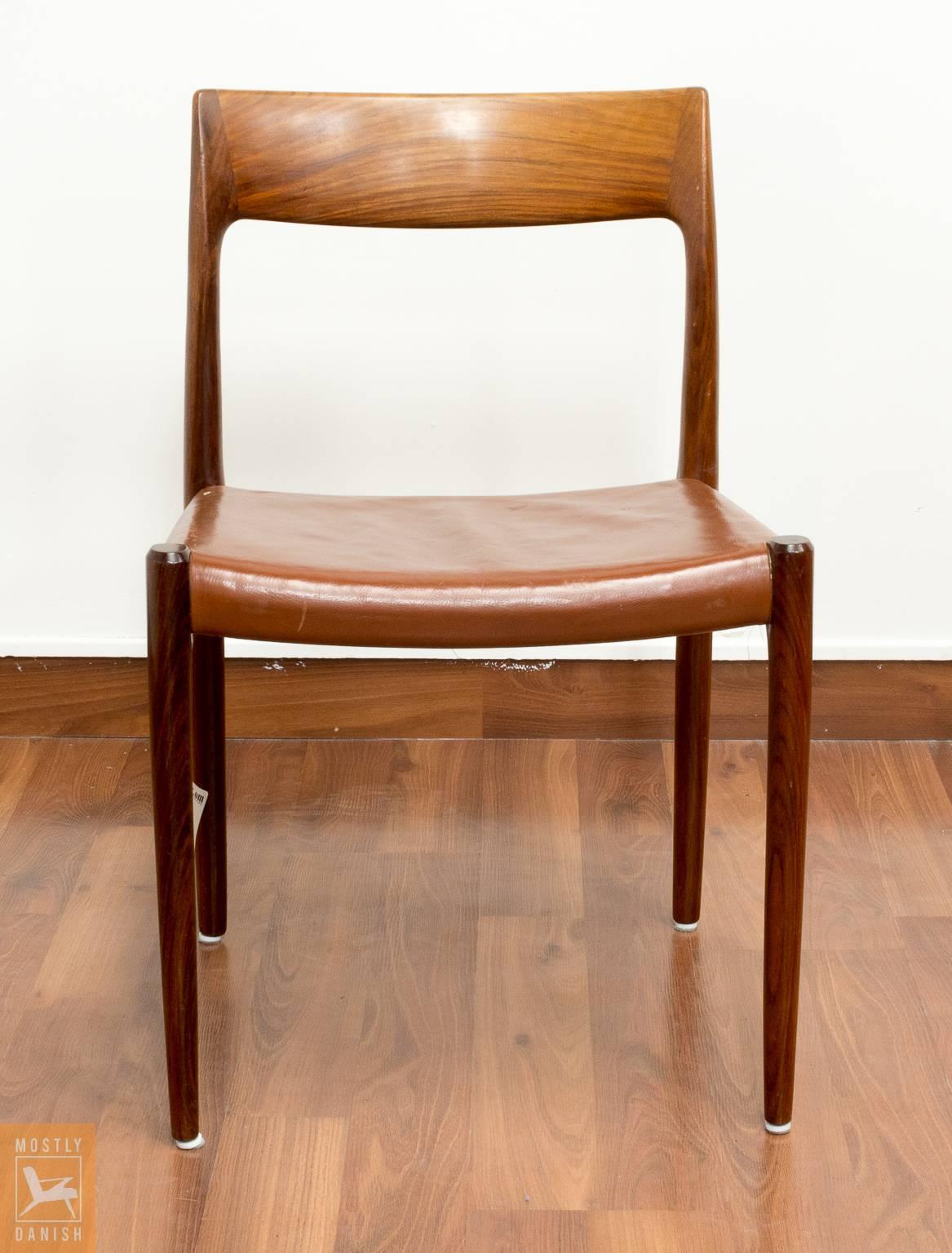 Mid-Century Modern Dining Chairs with Solid Rosewood Frame, Seats with Original Brown Leather