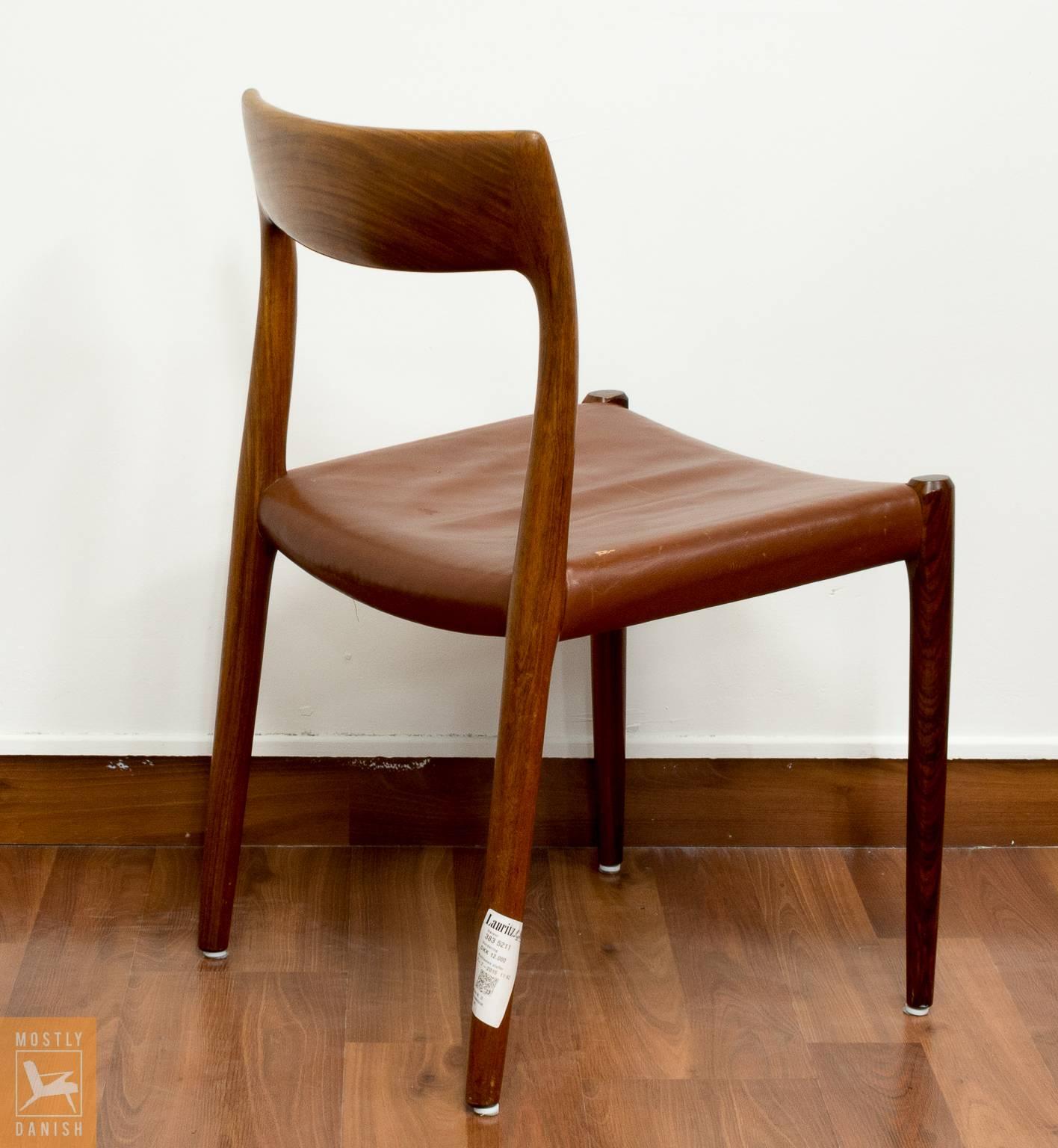 Danish Dining Chairs with Solid Rosewood Frame, Seats with Original Brown Leather