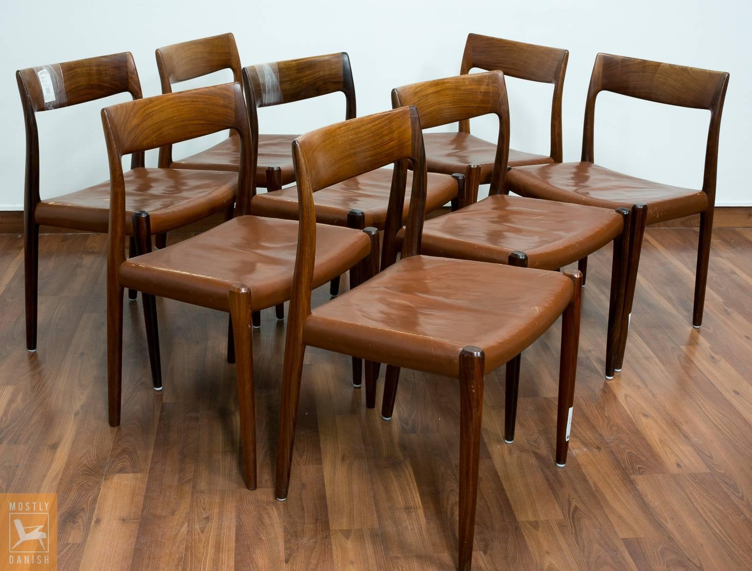 Mid-20th Century Dining Chairs with Solid Rosewood Frame, Seats with Original Brown Leather