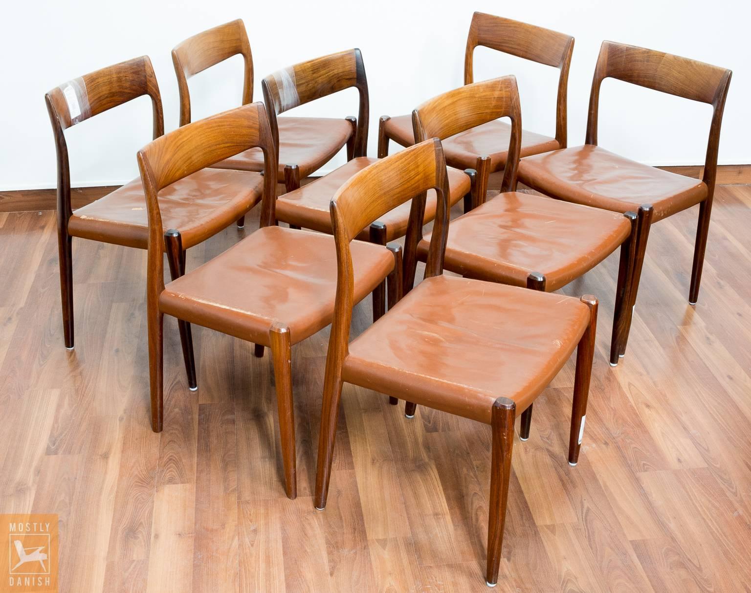 Dining Chairs with Solid Rosewood Frame, Seats with Original Brown Leather 1