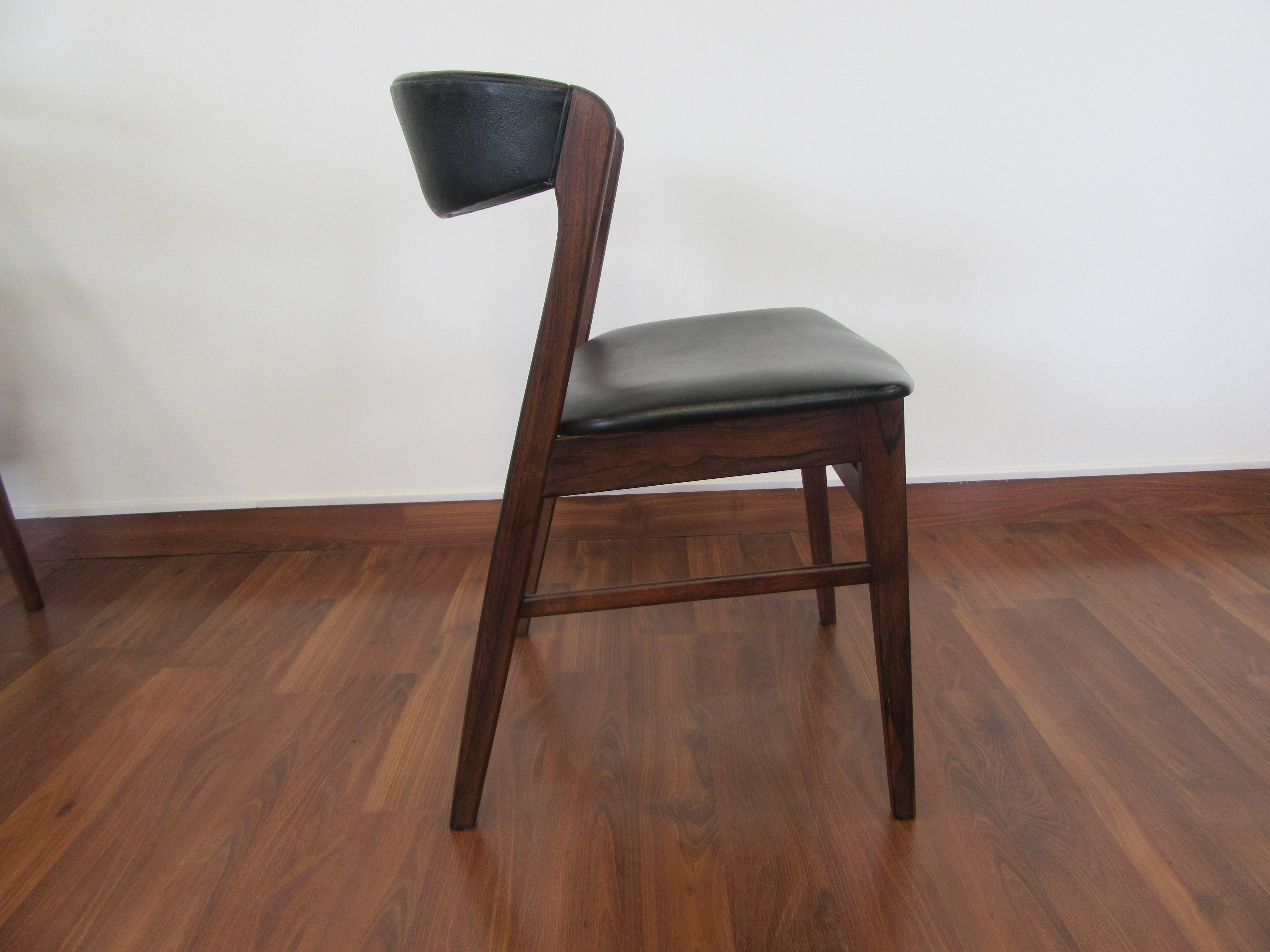 Mid-Century Modern Set of Four Kai Kristiansen Rosewood Chairs Upholstered in Black Naugahyde
