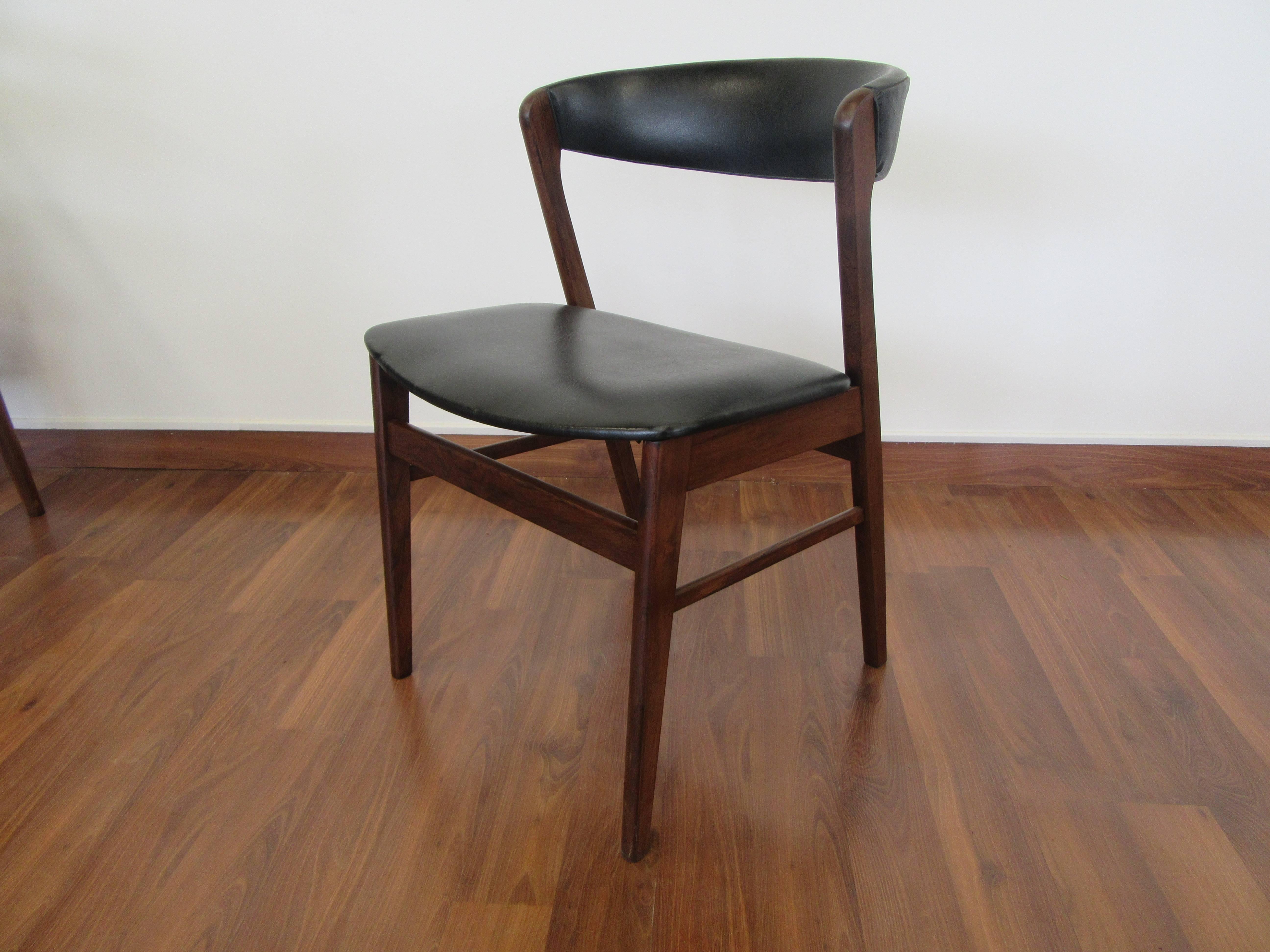 Mid-20th Century Set of Four Kai Kristiansen Rosewood Chairs Upholstered in Black Naugahyde