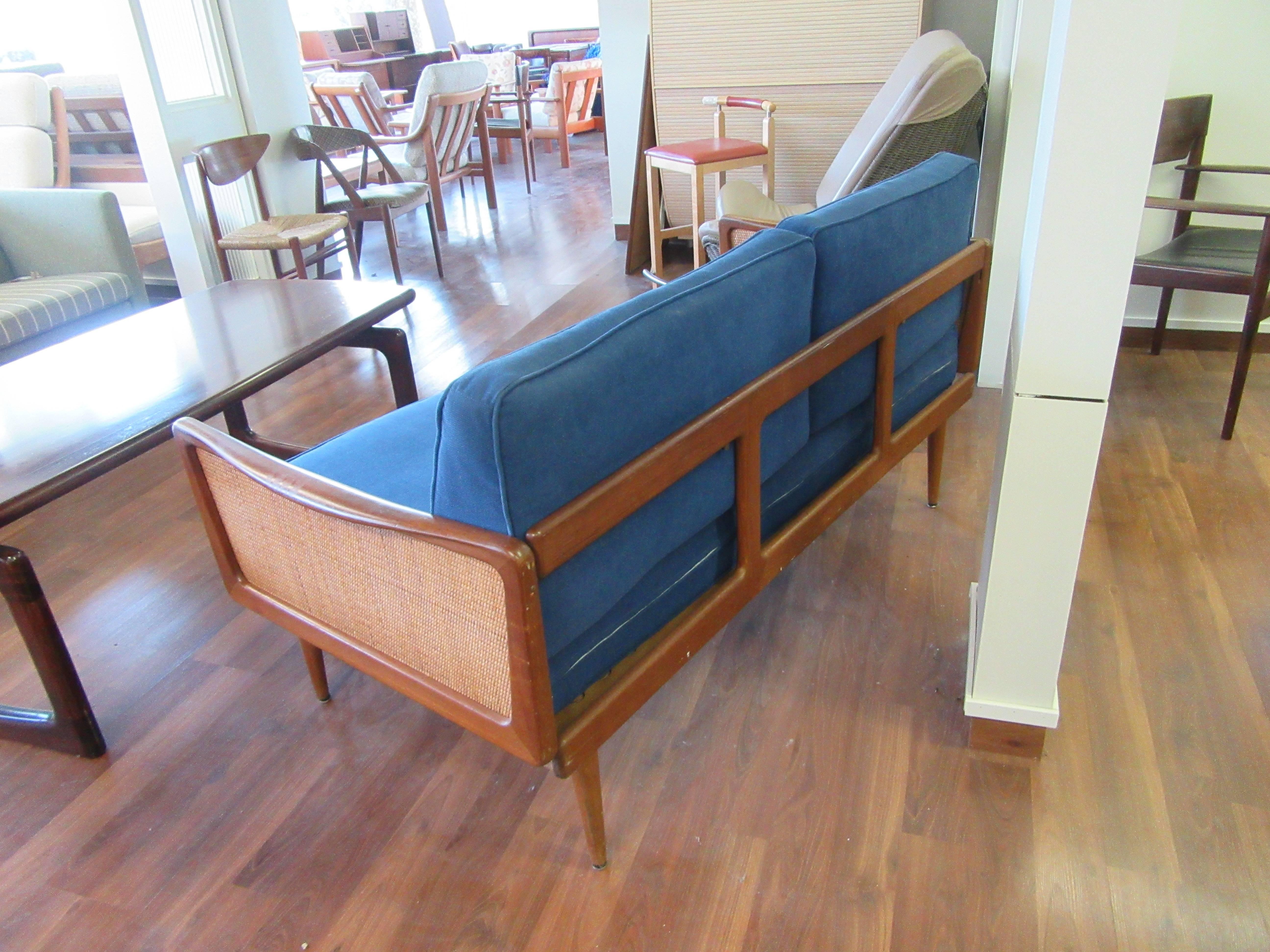 Danish Sofa Bed by Peter Hvidt and Olga Mølgaard in Teak and Cane
