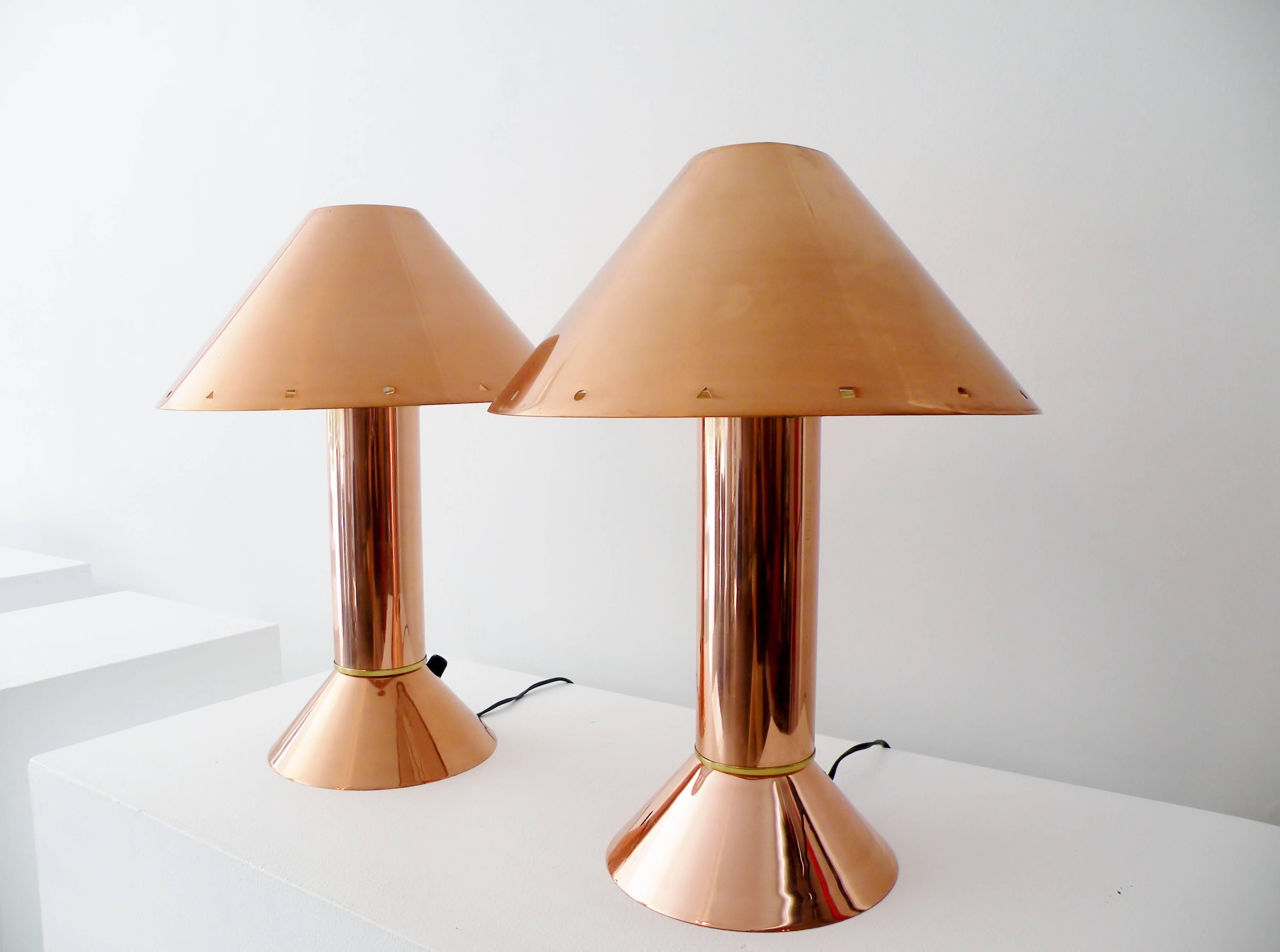 Post-Modern 1980s Postmodern Ron Rezek California Pair of Copper Table Lamps, Memphis
