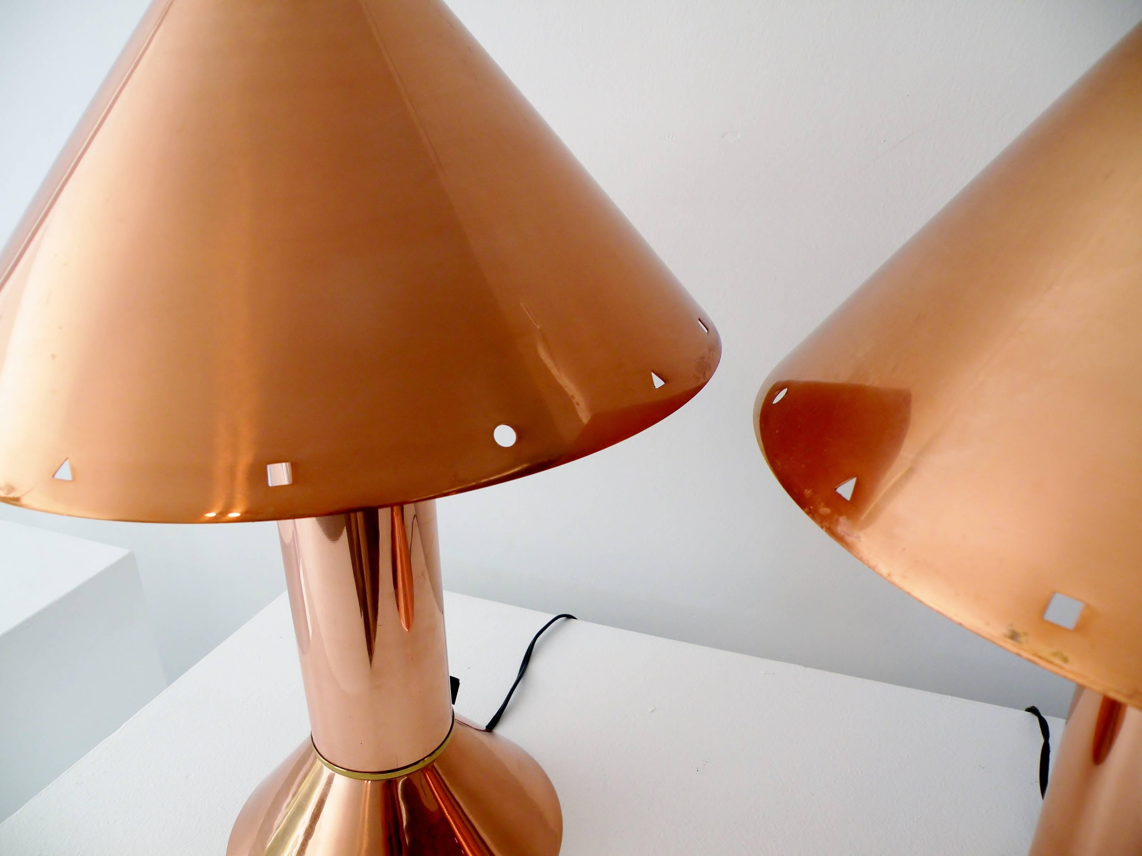 American 1980s Postmodern Ron Rezek California Pair of Copper Table Lamps, Memphis