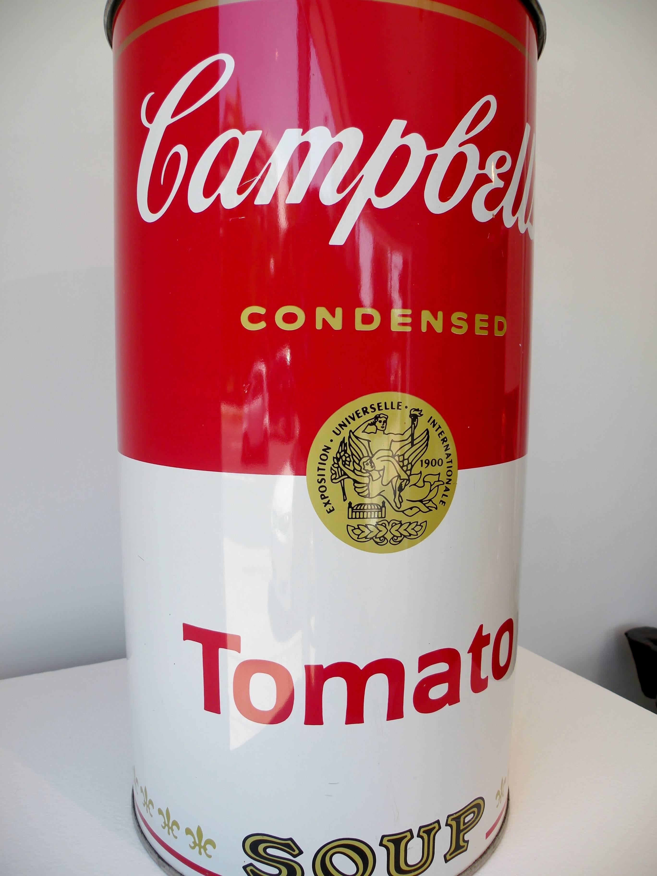 1960s era Pop Art tin lithographed Cambell's tomato soup waste basket or umbrella stand inspired by the works of Andy Warhol.
