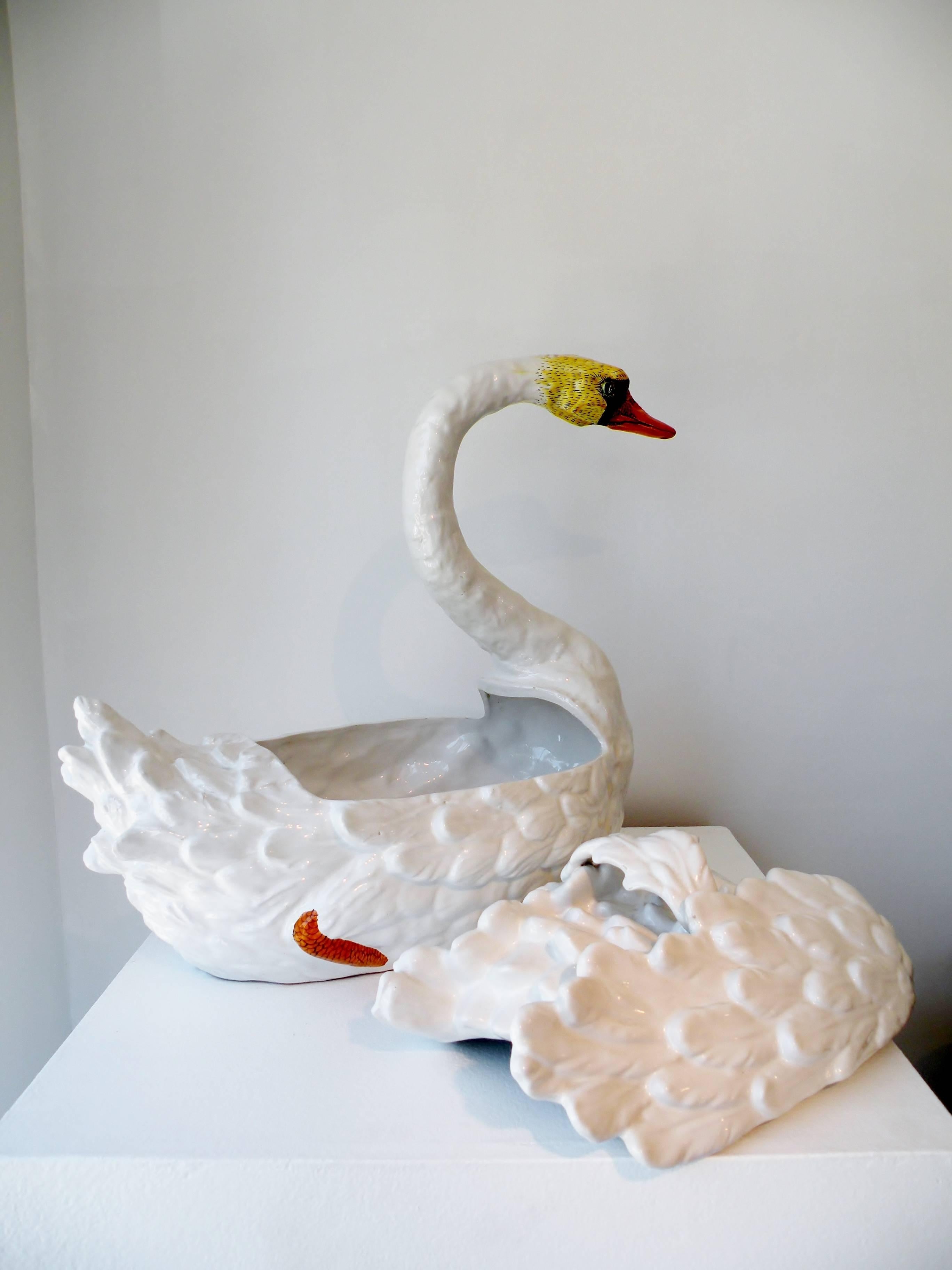 Large 1960s Bassano Italian Glazed Ceramic Sculptural Swan Tureen 2