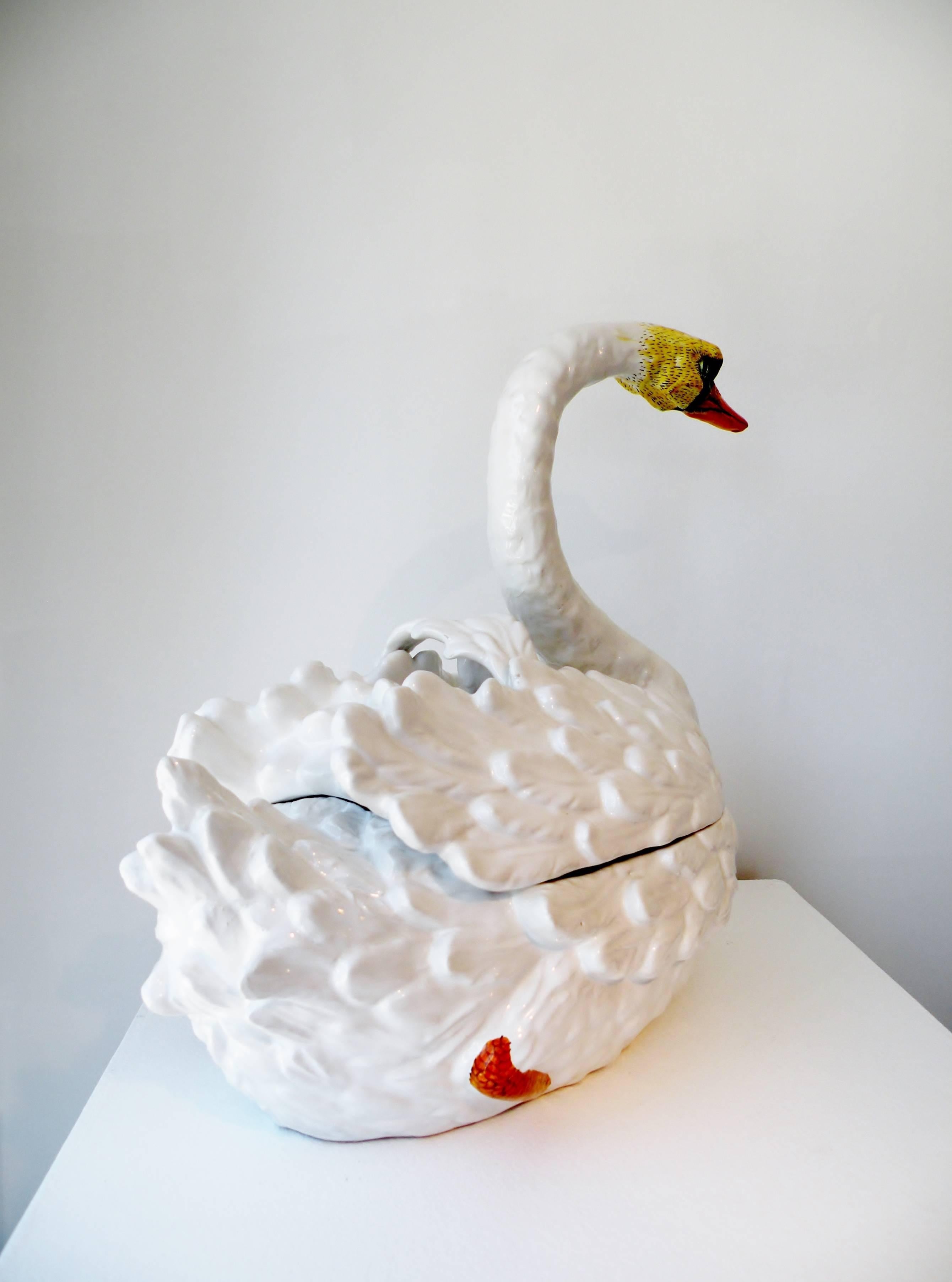 Large 1960s Bassano Italian Glazed Ceramic Sculptural Swan Tureen 1
