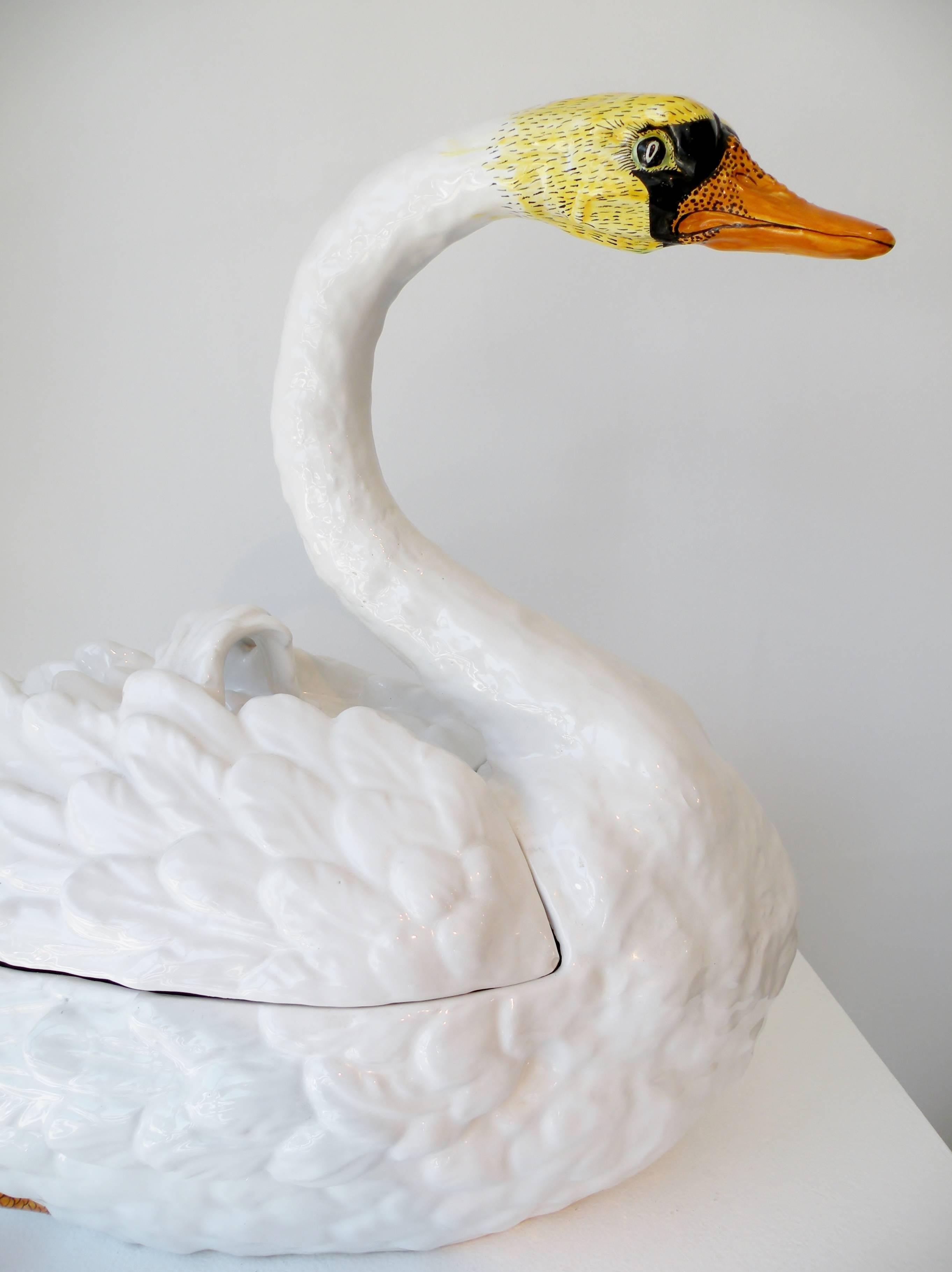 Monumental sculptural 1970s era hand-painted glazed Italian ceramic tureen in the form of a swan.