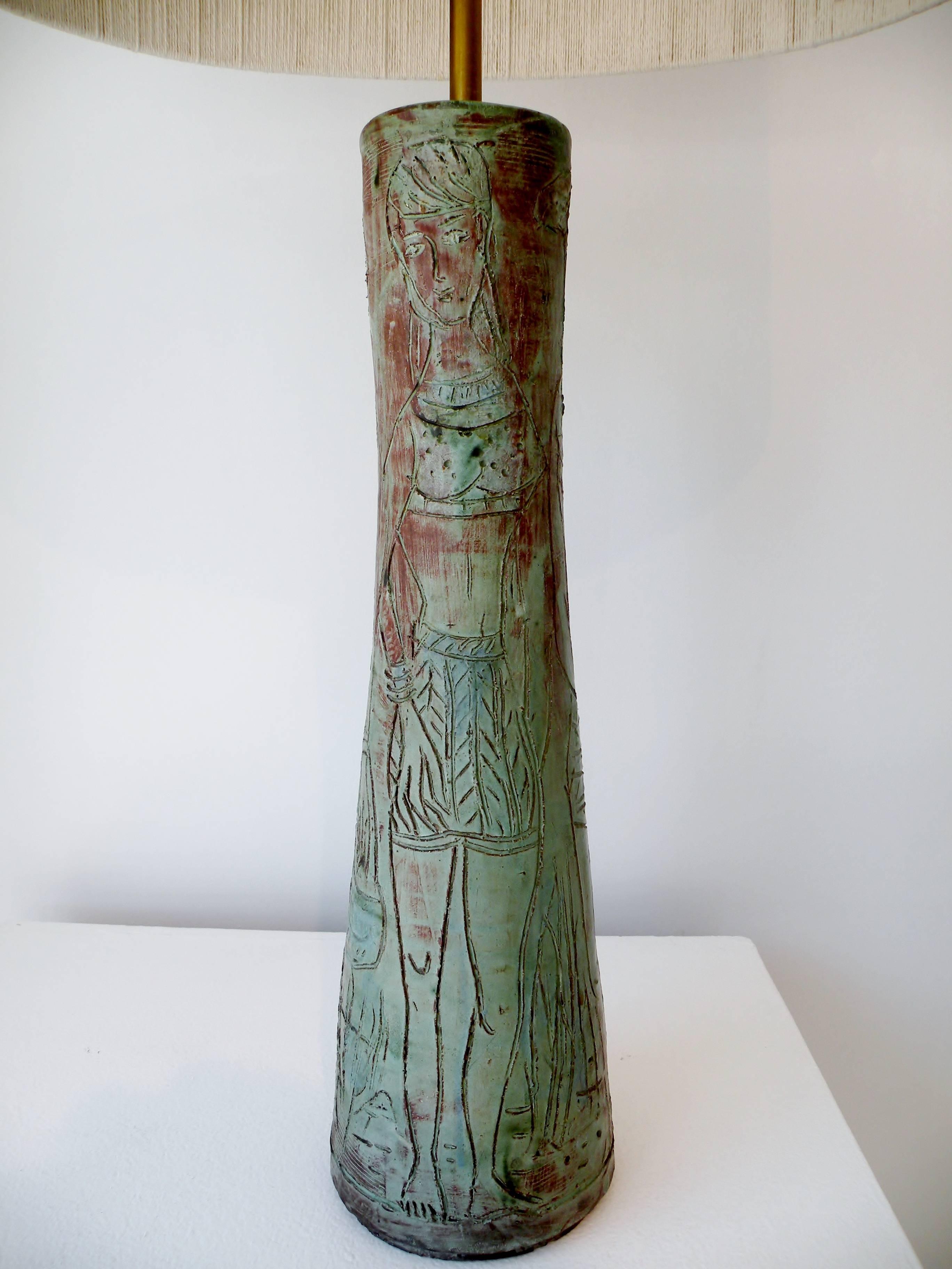 American 1950s Midcentury Studio Art Pottery Table Lamp Sgraffito Figural Decoration