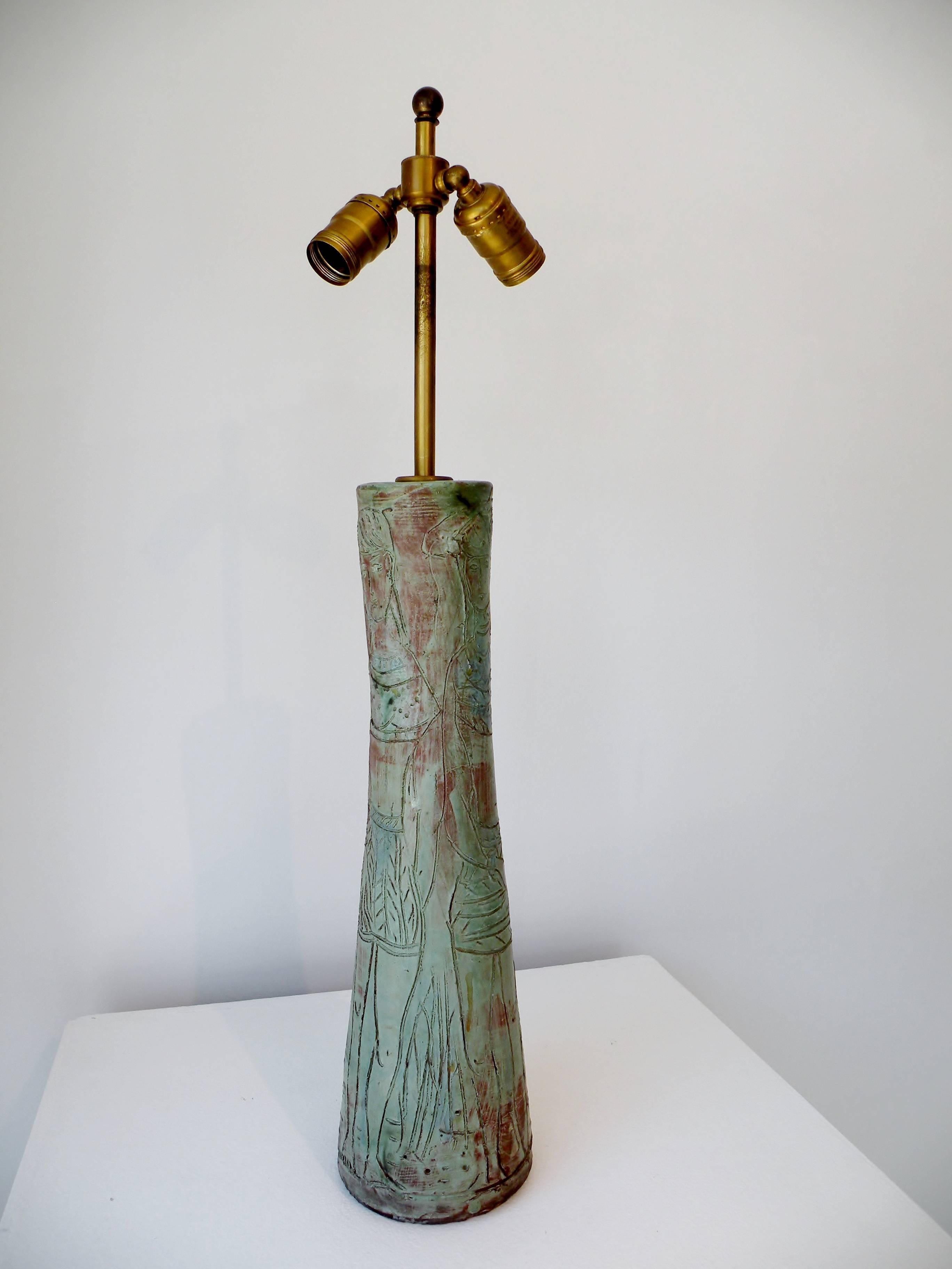 Mid-Century Modern 1950s Midcentury Studio Art Pottery Table Lamp Sgraffito Figural Decoration