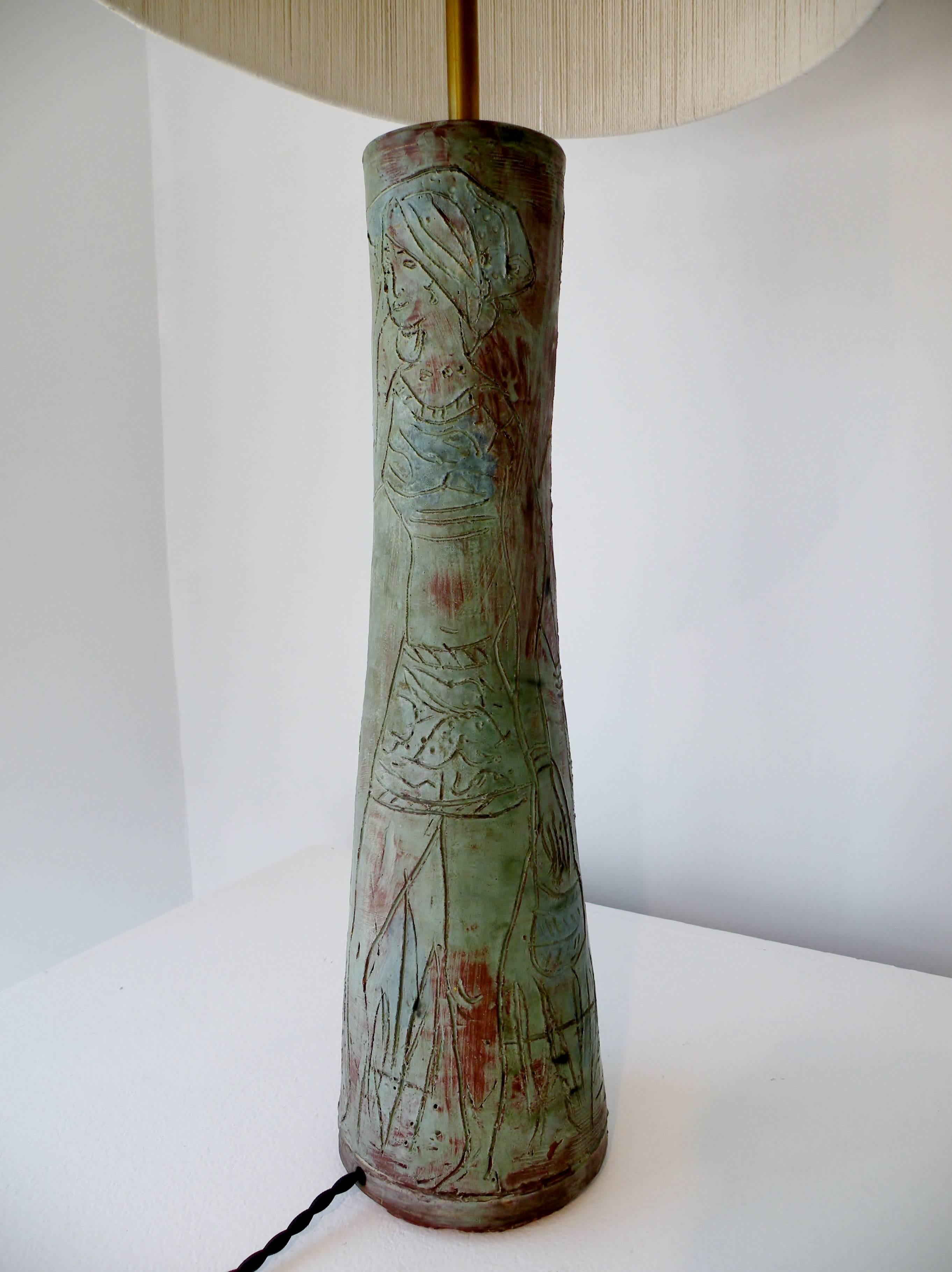 20th Century 1950s Midcentury Studio Art Pottery Table Lamp Sgraffito Figural Decoration