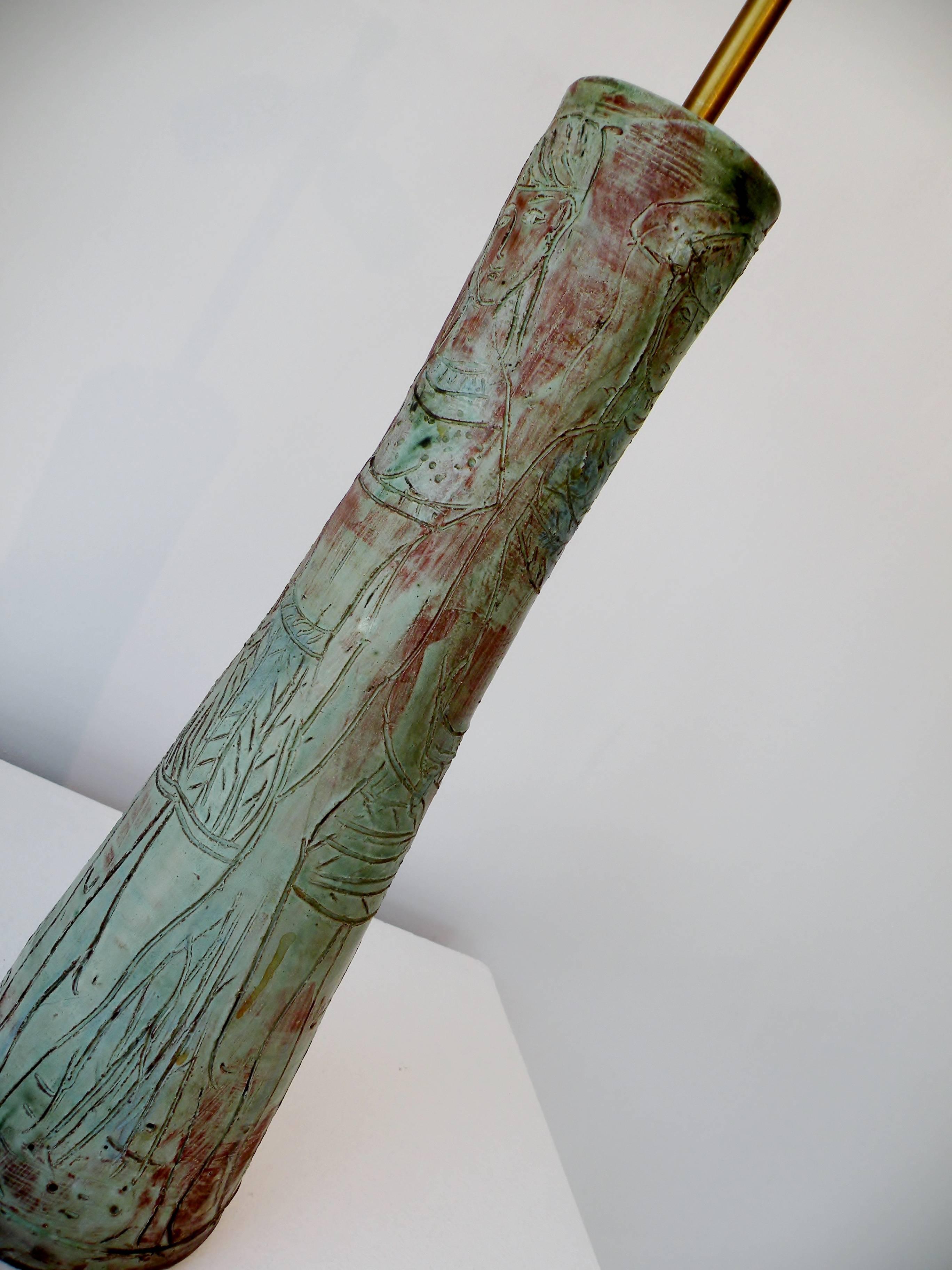 1950s Midcentury Studio Art Pottery Table Lamp Sgraffito Figural Decoration 2