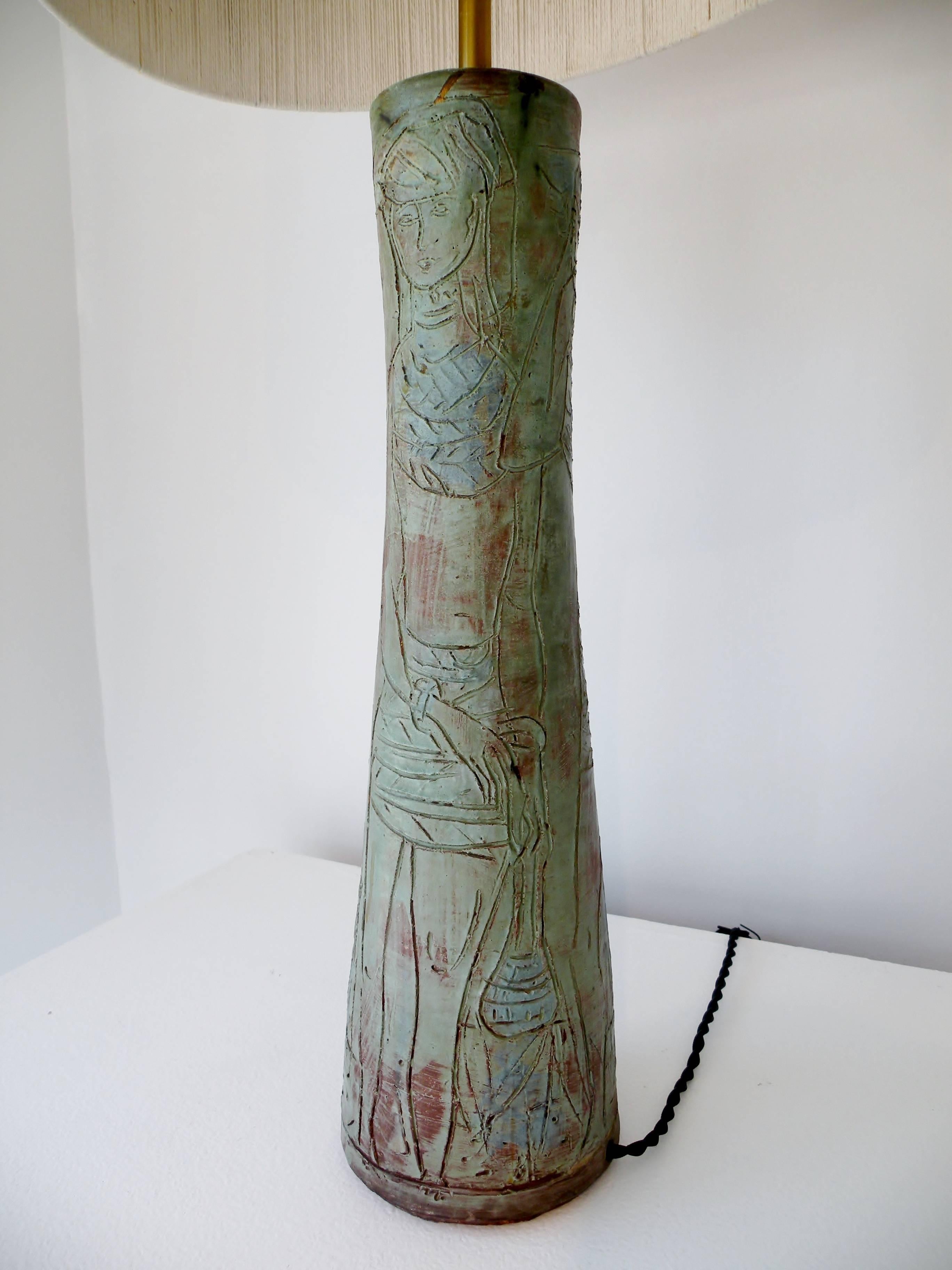 Ceramic 1950s Midcentury Studio Art Pottery Table Lamp Sgraffito Figural Decoration