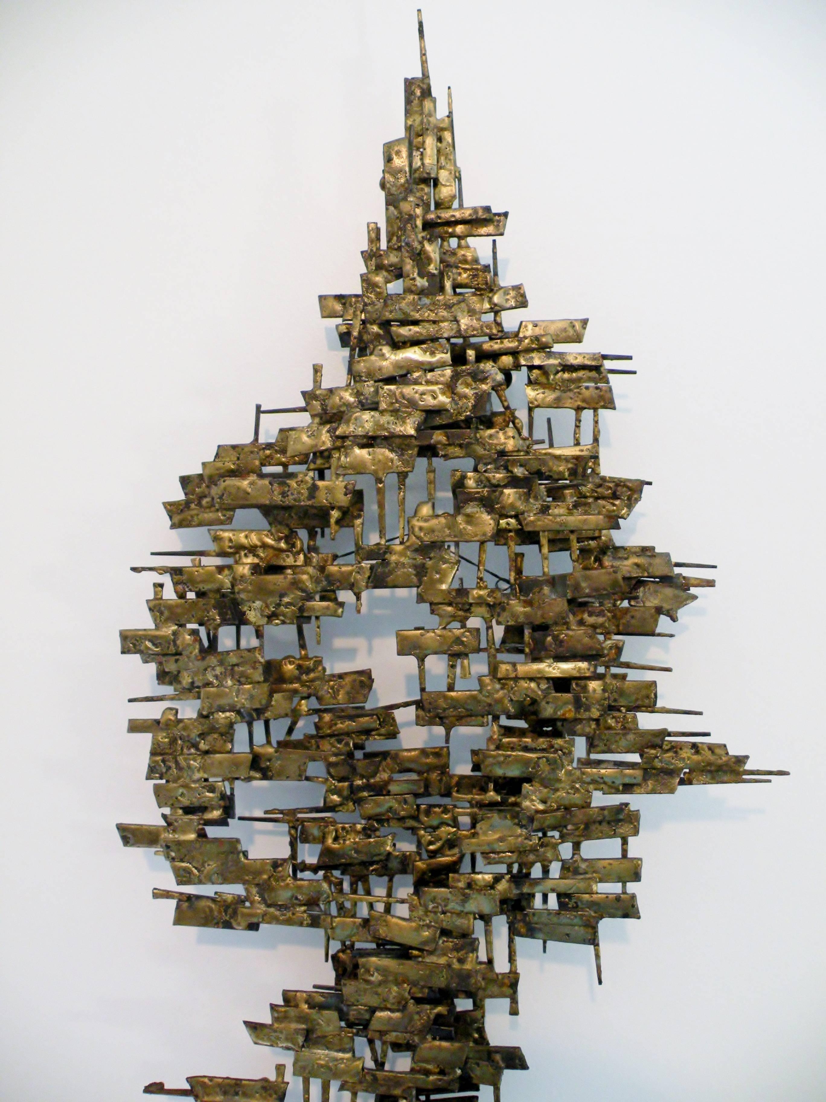 American Brutalist Gilt Metal and Nail Mid-Century Modern Wall Sculpture