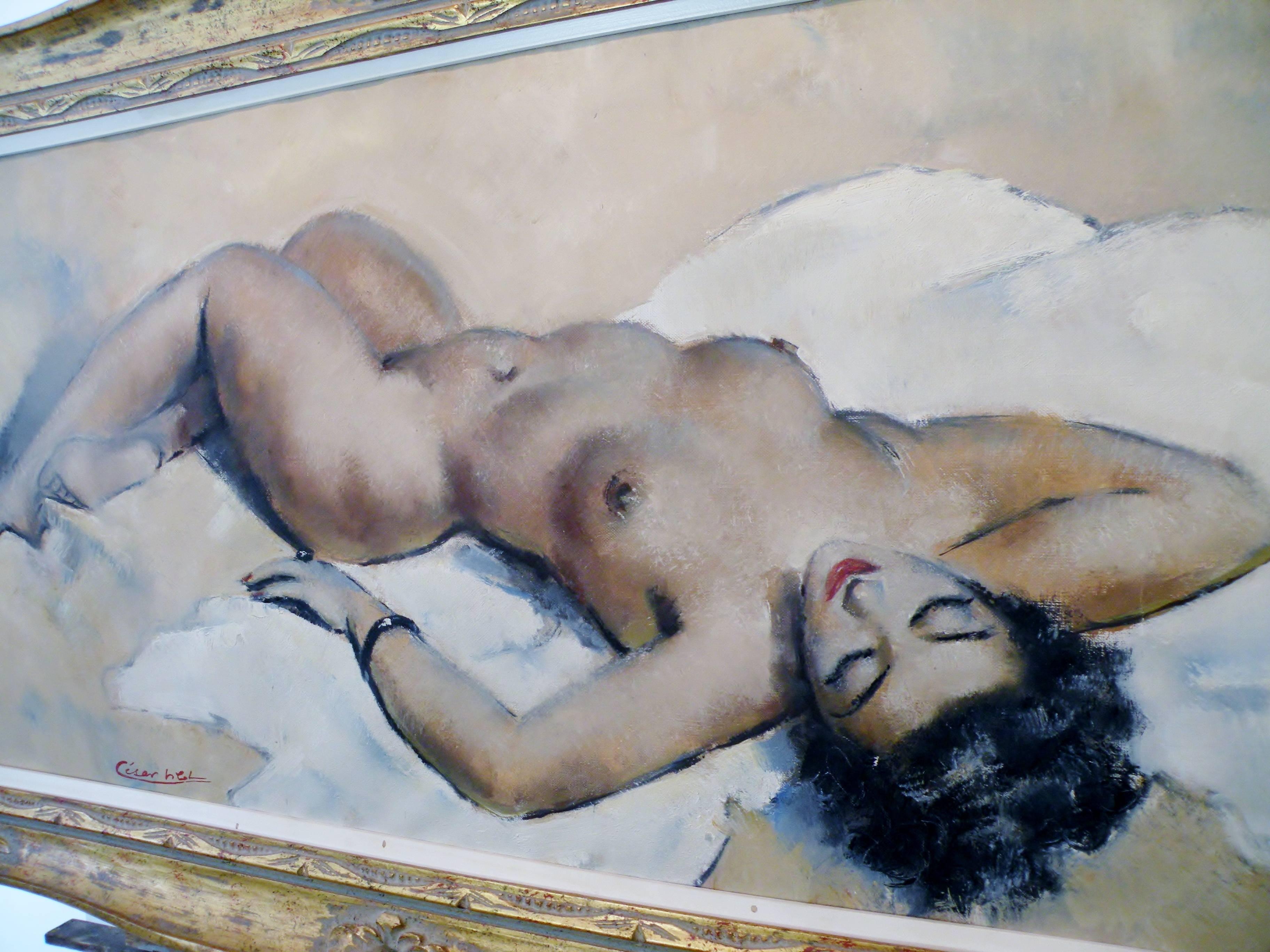 20th Century Midcentury Cesar Vitol French Nude Oil Painting Seductive Pin-Up