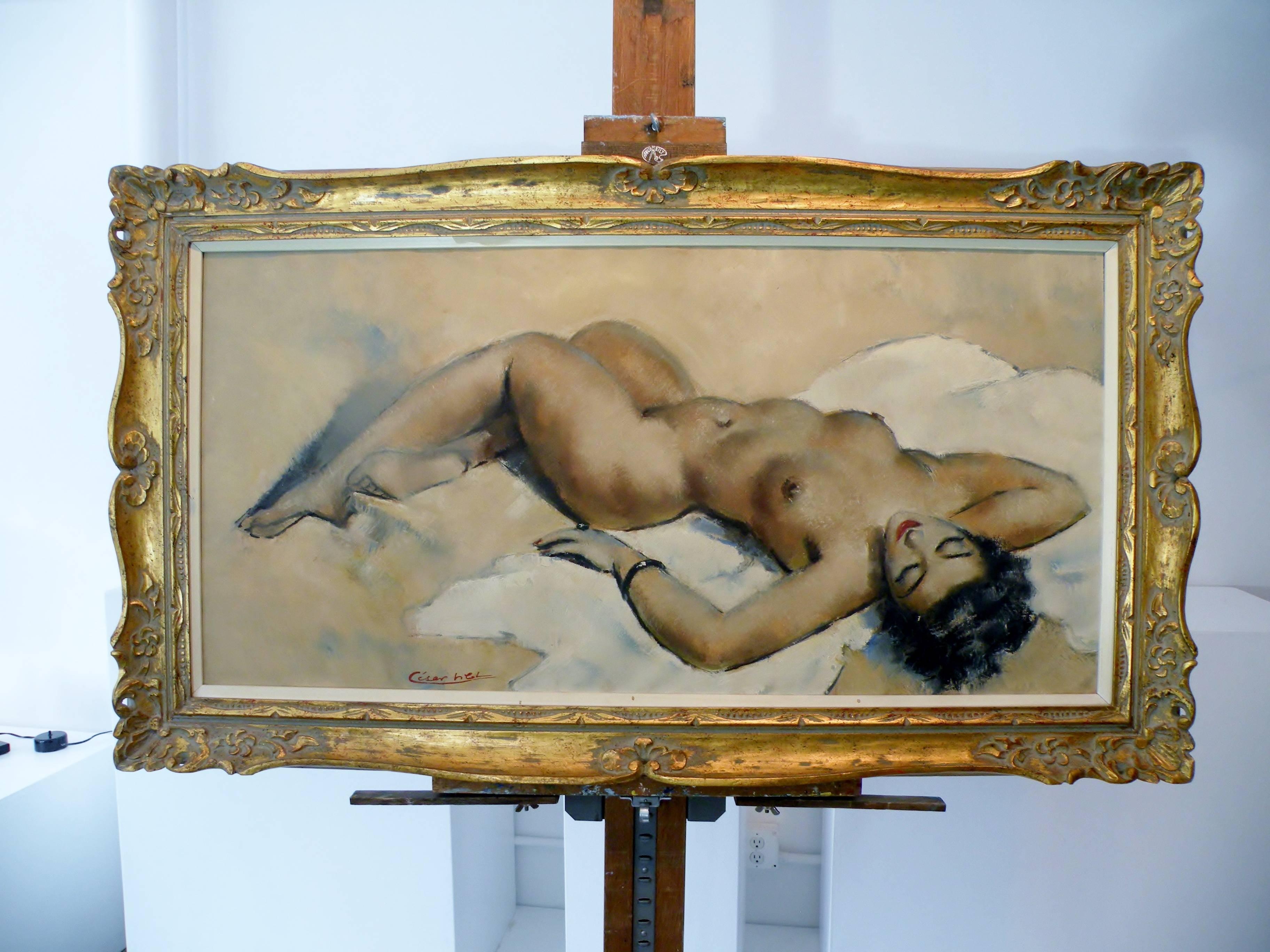 Gilt Midcentury Cesar Vitol French Nude Oil Painting Seductive Pin-Up