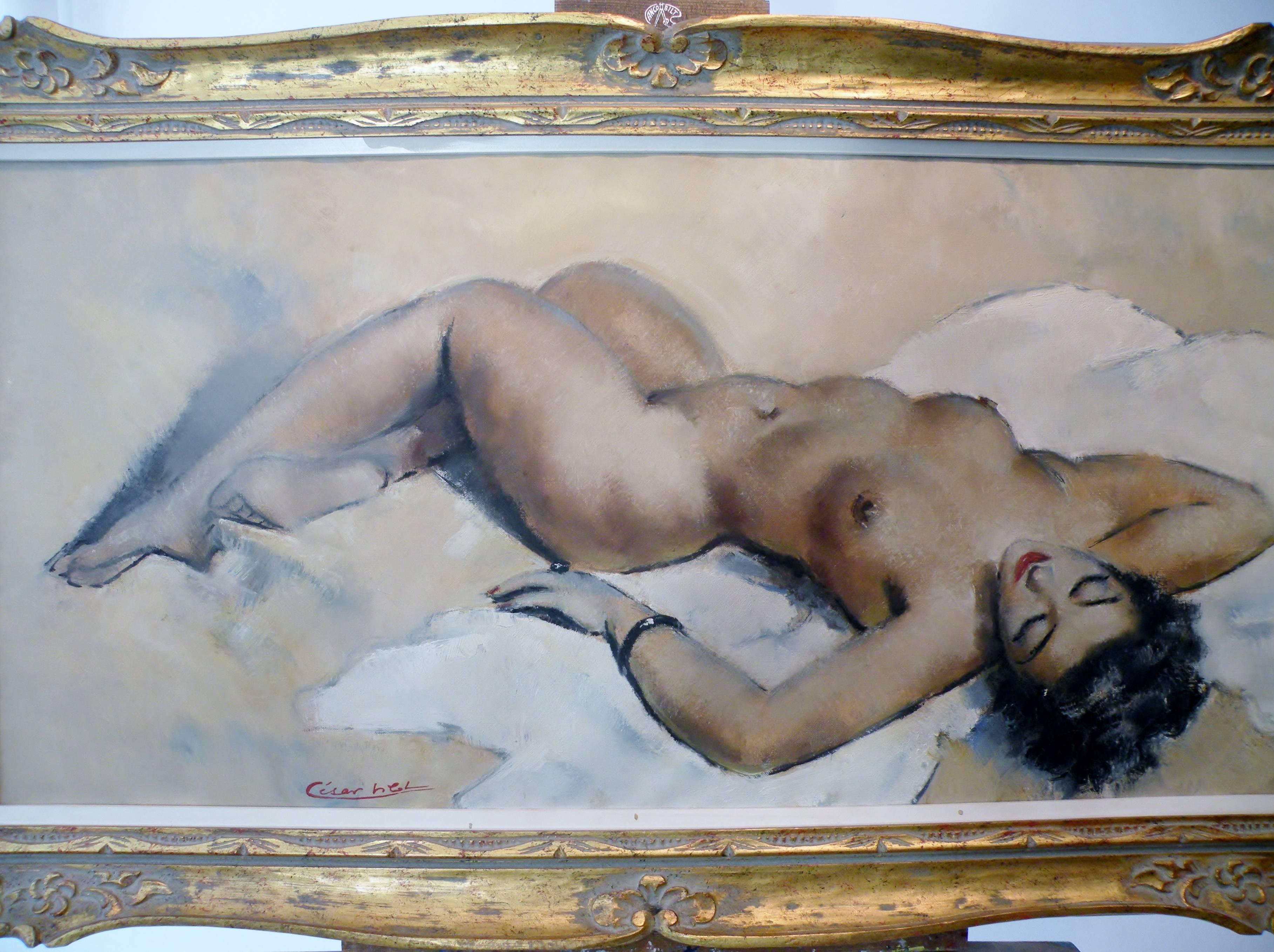 French Midcentury pin-up nude oil on canvas painting of a curvaceous young woman in reclining seductively by the artist Cesar Vitol. Painting approx. 39