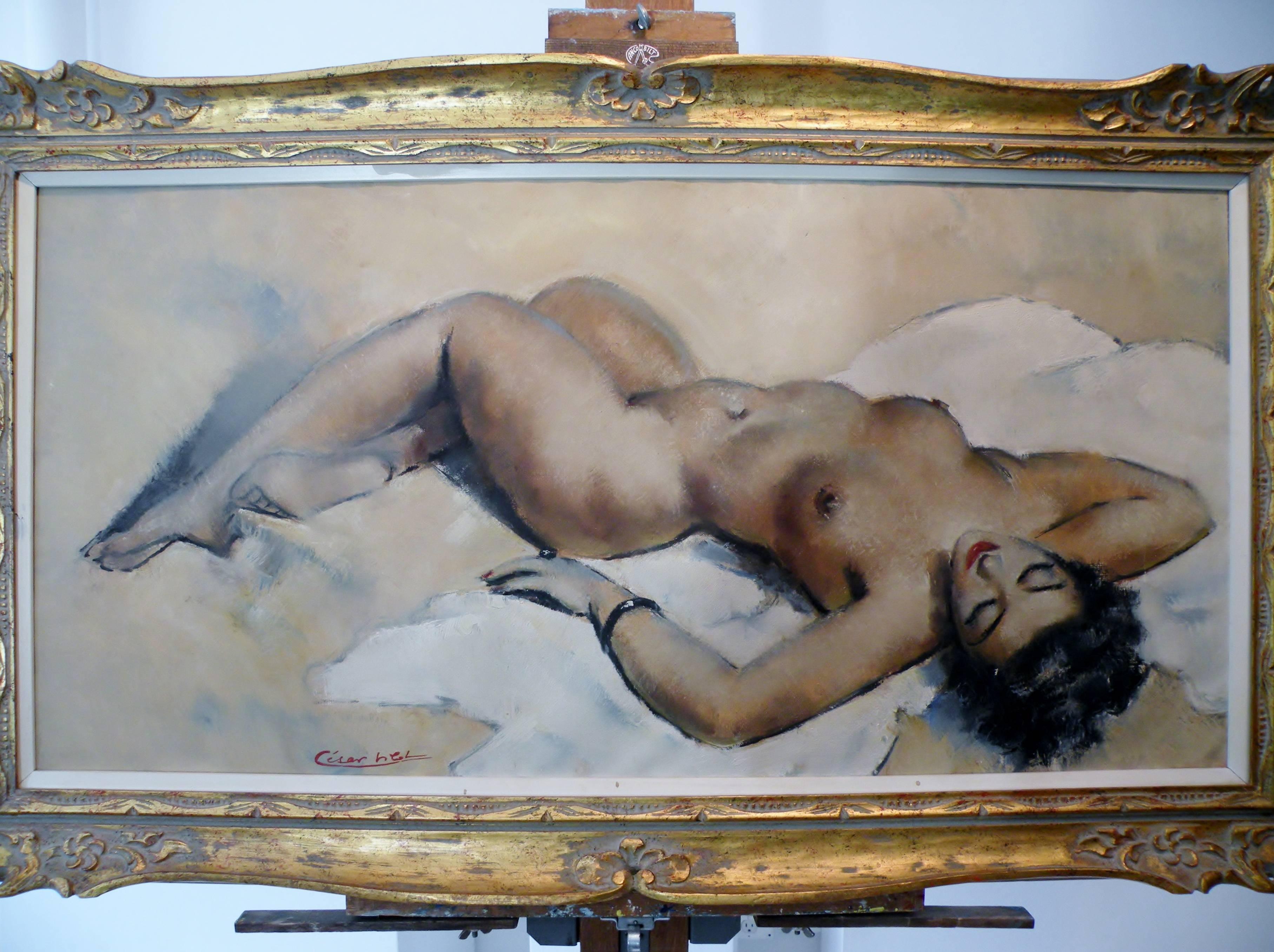 Midcentury Cesar Vitol French Nude Oil Painting Seductive Pin-Up In Good Condition In Denver, CO