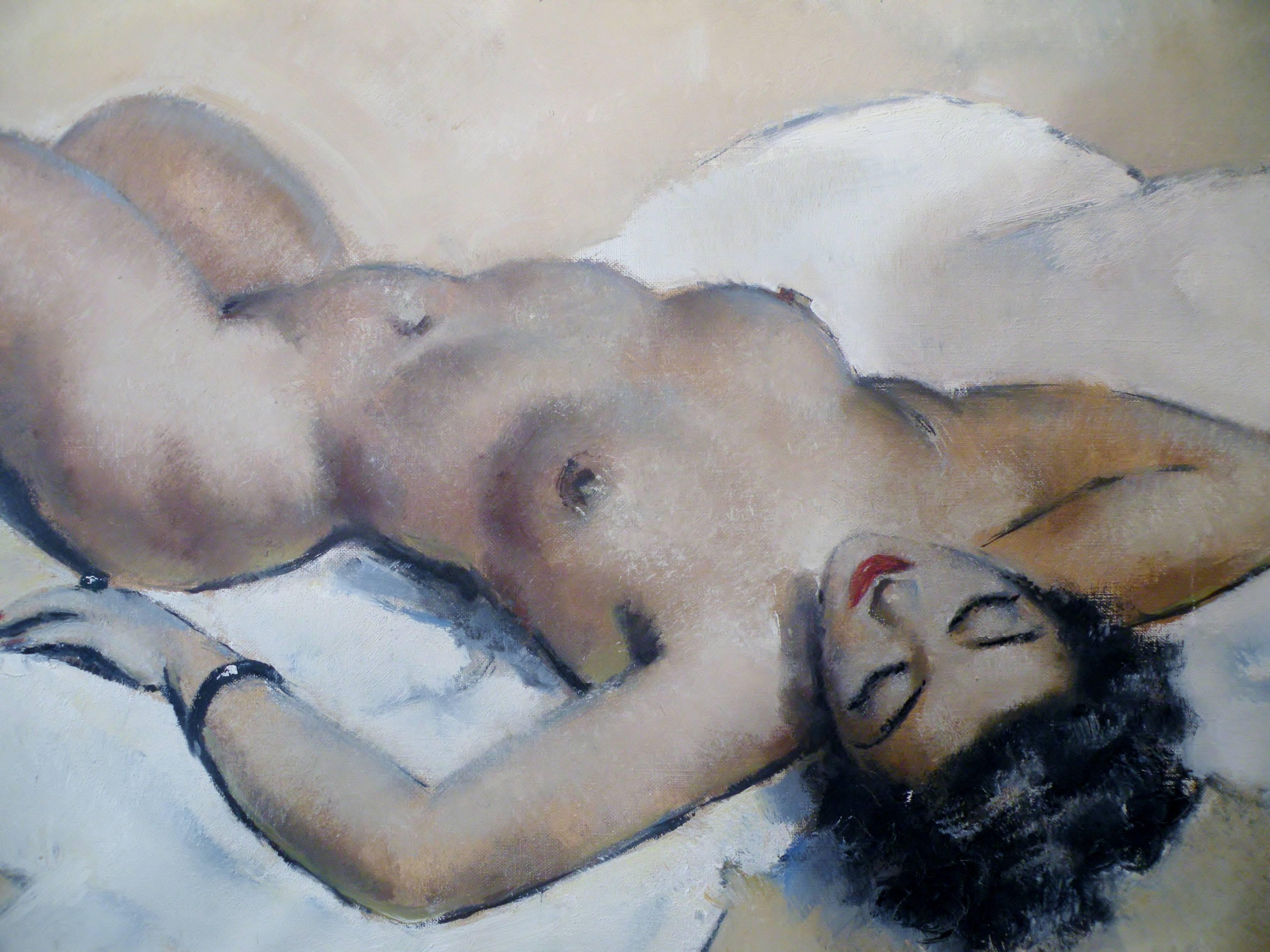 Mid-Century Modern Midcentury Cesar Vitol French Nude Oil Painting Seductive Pin-Up
