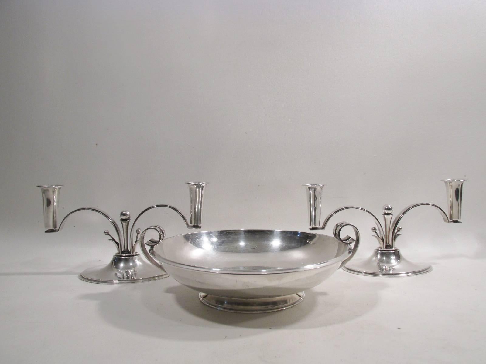 20th Century Carl M. Cohr Denmark Jugendstil Sterling Silver Pair Candelabrum and Bowl For Sale