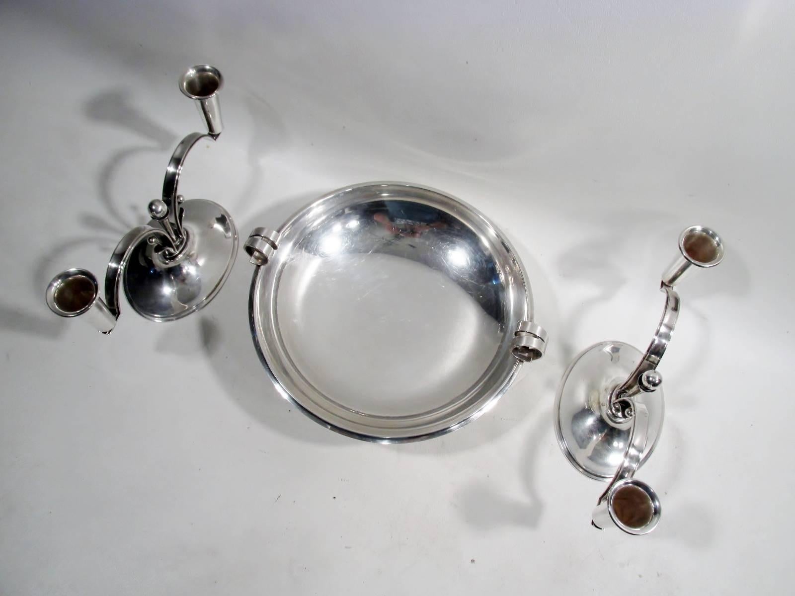 Carl M. Cohr Denmark Jugendstil Sterling Silver Pair Candelabrum and Bowl For Sale 1