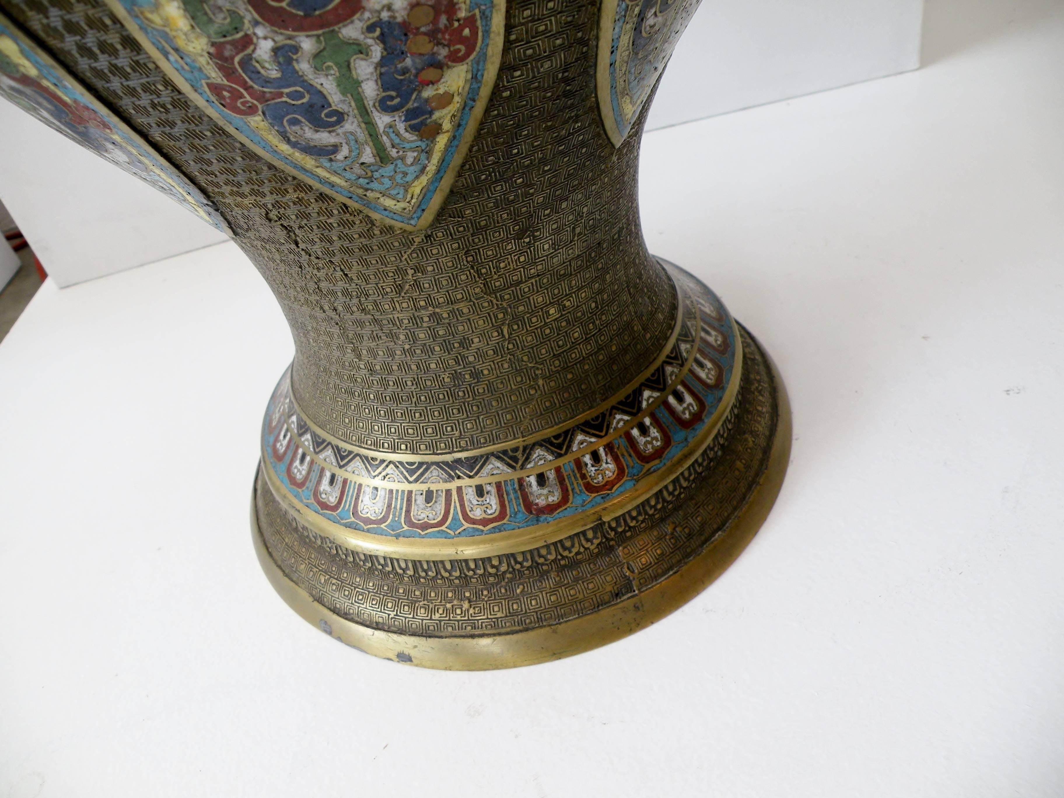 Chinese Export Large 19th Century Chinese Champleve Enamel and Bronze Vase For Sale