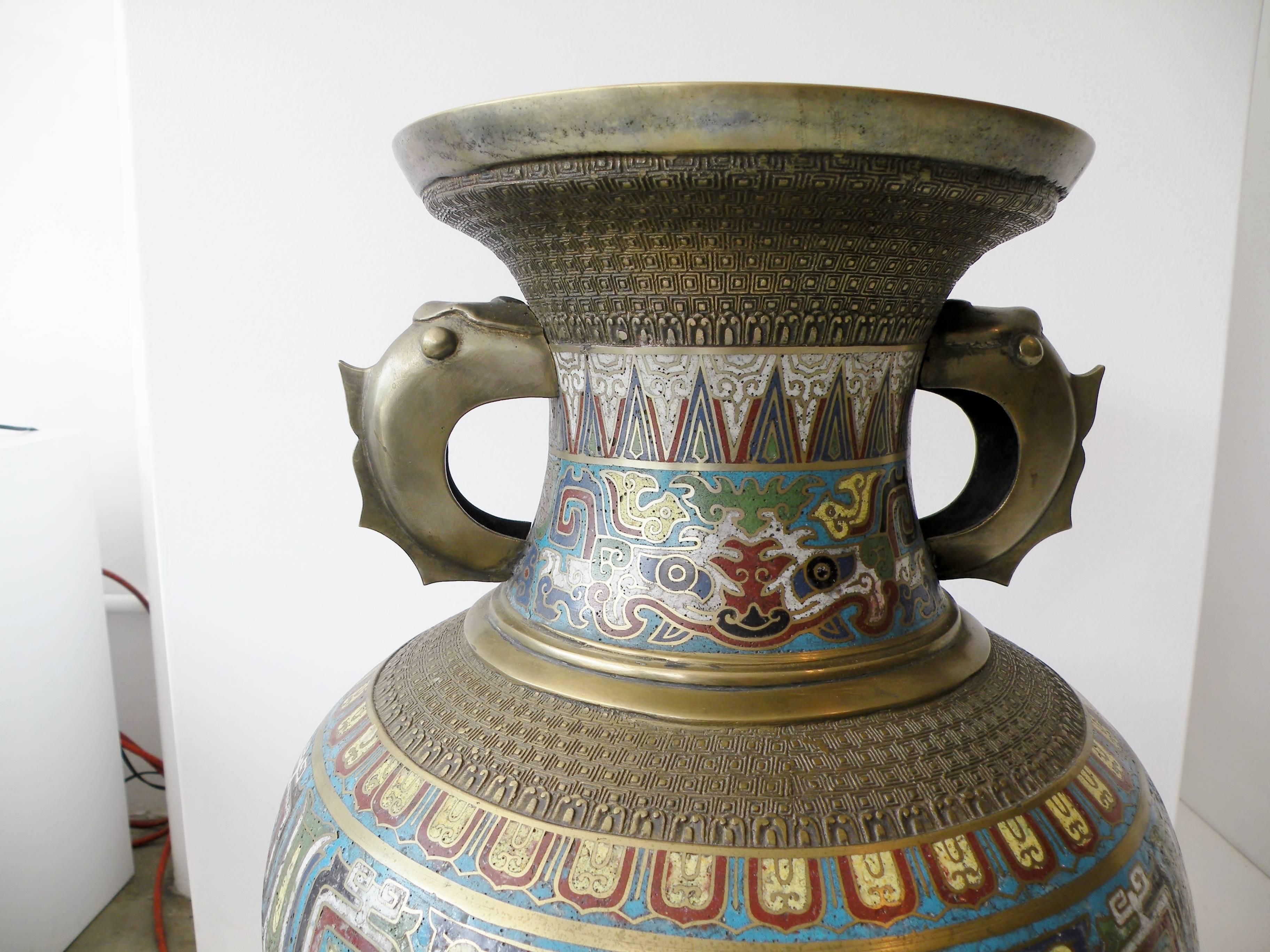 Champlevé Large 19th Century Chinese Champleve Enamel and Bronze Vase For Sale