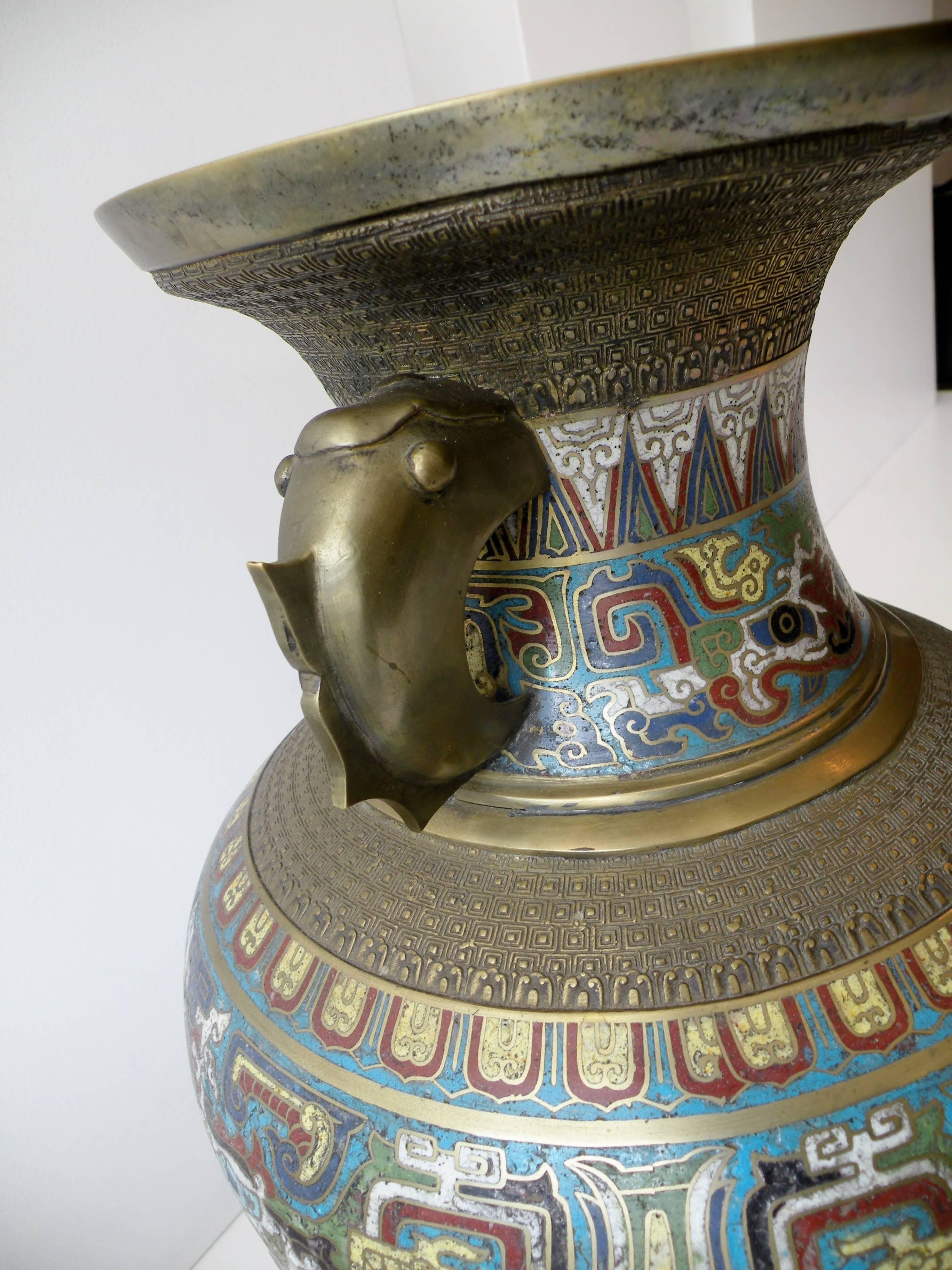 Large 19th Century Chinese Champleve Enamel and Bronze Vase In Excellent Condition For Sale In Denver, CO