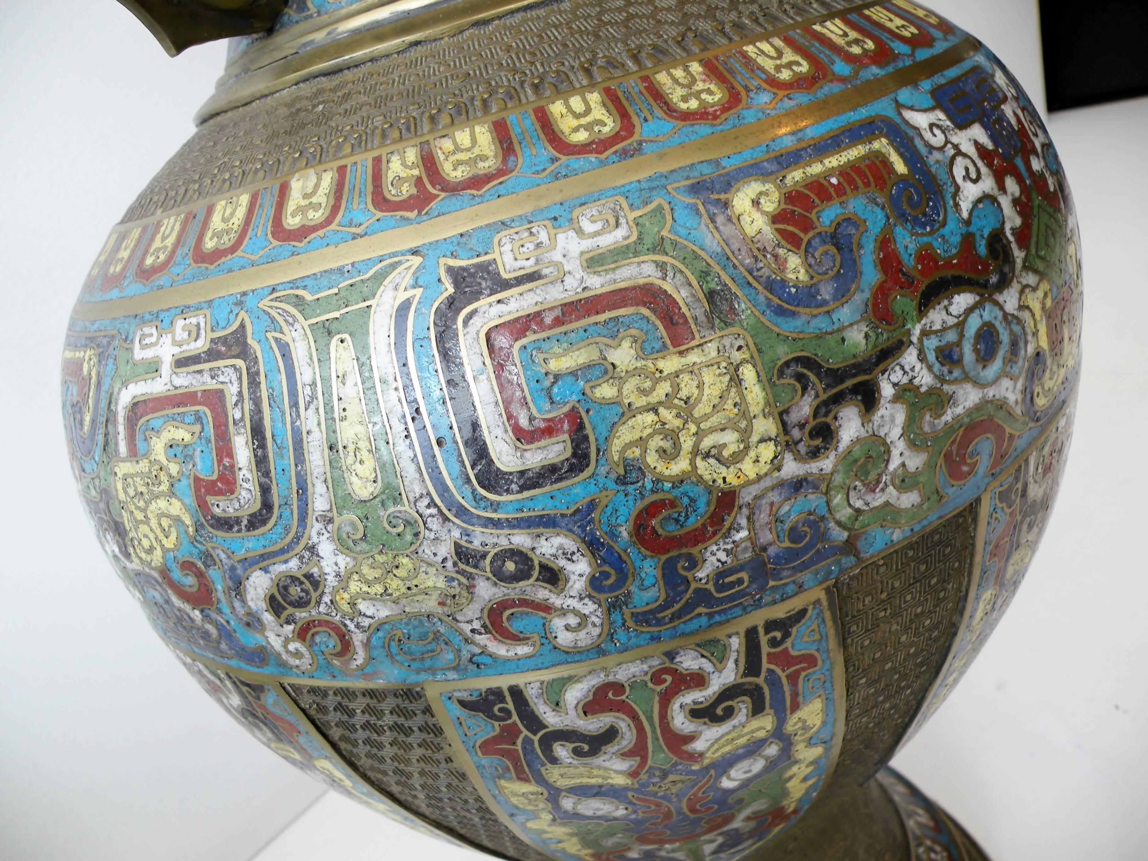 20th Century Large 19th Century Chinese Champleve Enamel and Bronze Vase For Sale