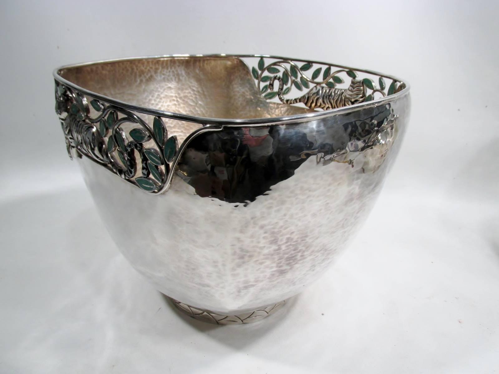 Silver Plate Emilia Castillo Taxco Silver Tiger Malachite Inlay Reticulated Salad Bowl