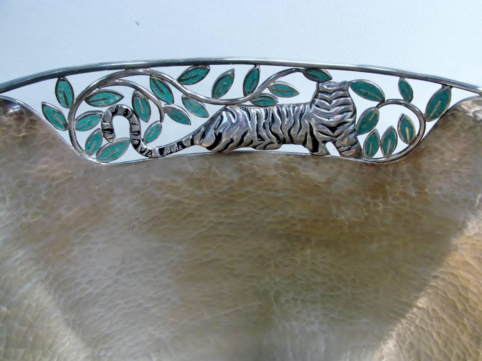 Mexican Emilia Castillo Taxco Silver Tiger Malachite Inlay Reticulated Salad Bowl