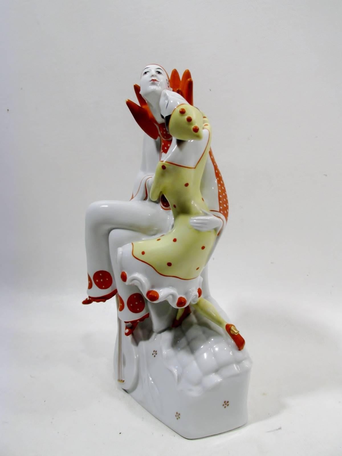 20th Century Art Deco Pierrot & Columbine Figurine Heinz Schaubach, Fraureuth Wallendorf