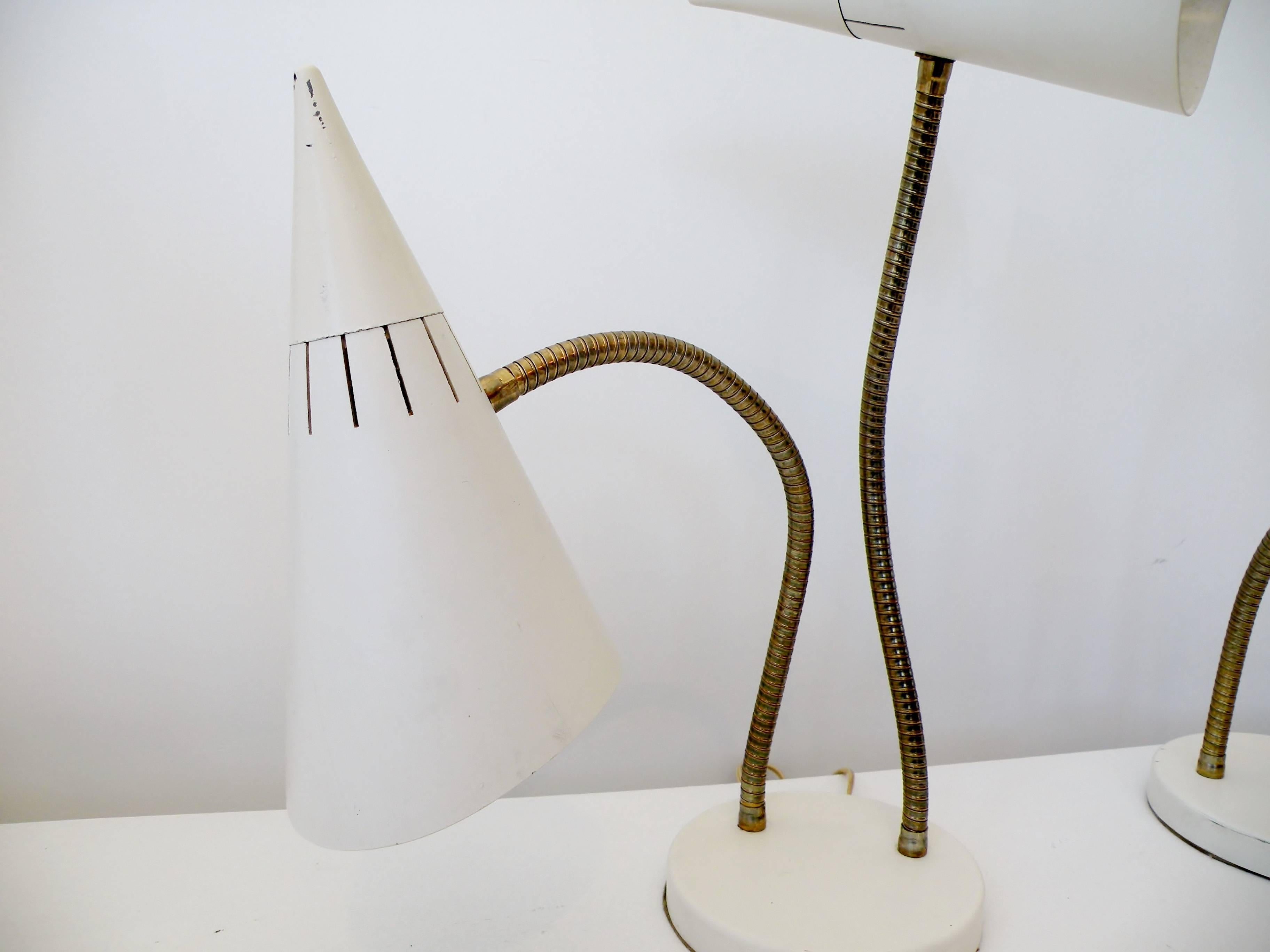 Metal Lightolier Gerald Thurston Double Cone Gooseneck Table Desk Lamps