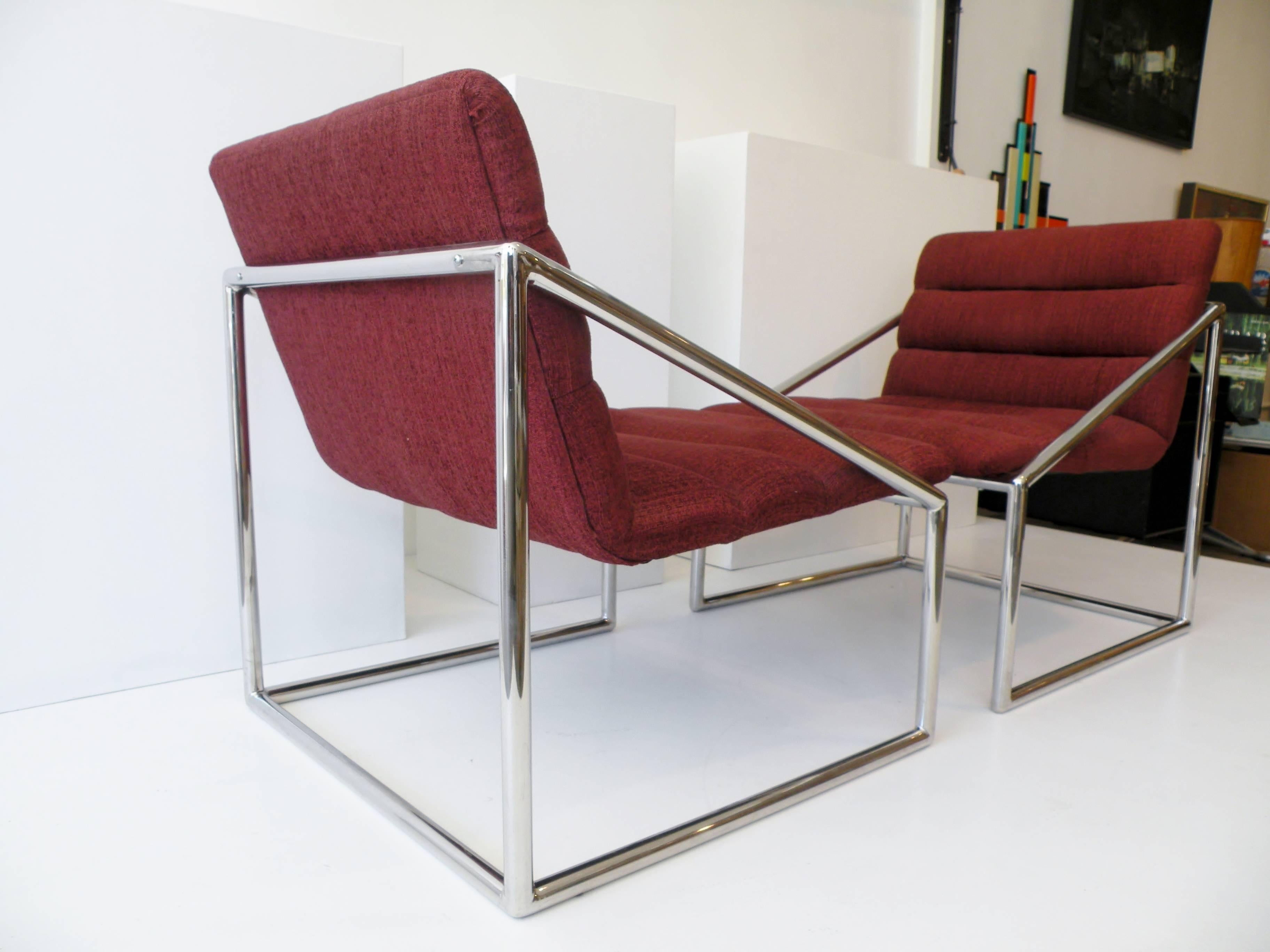 Mid-Century Modern Chrome Cube Sling Club Lounge Chairs, circa 1970s In Good Condition For Sale In Denver, CO