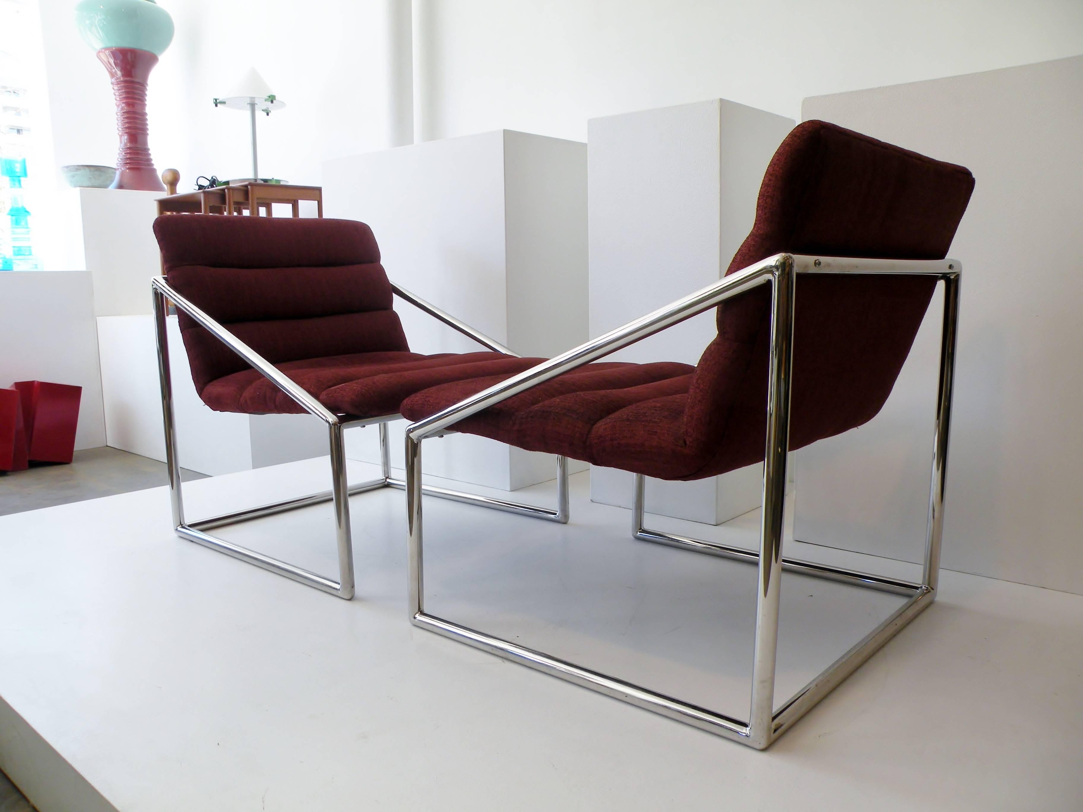 Unknown Mid-Century Modern Chrome Cube Sling Club Lounge Chairs, circa 1970s For Sale