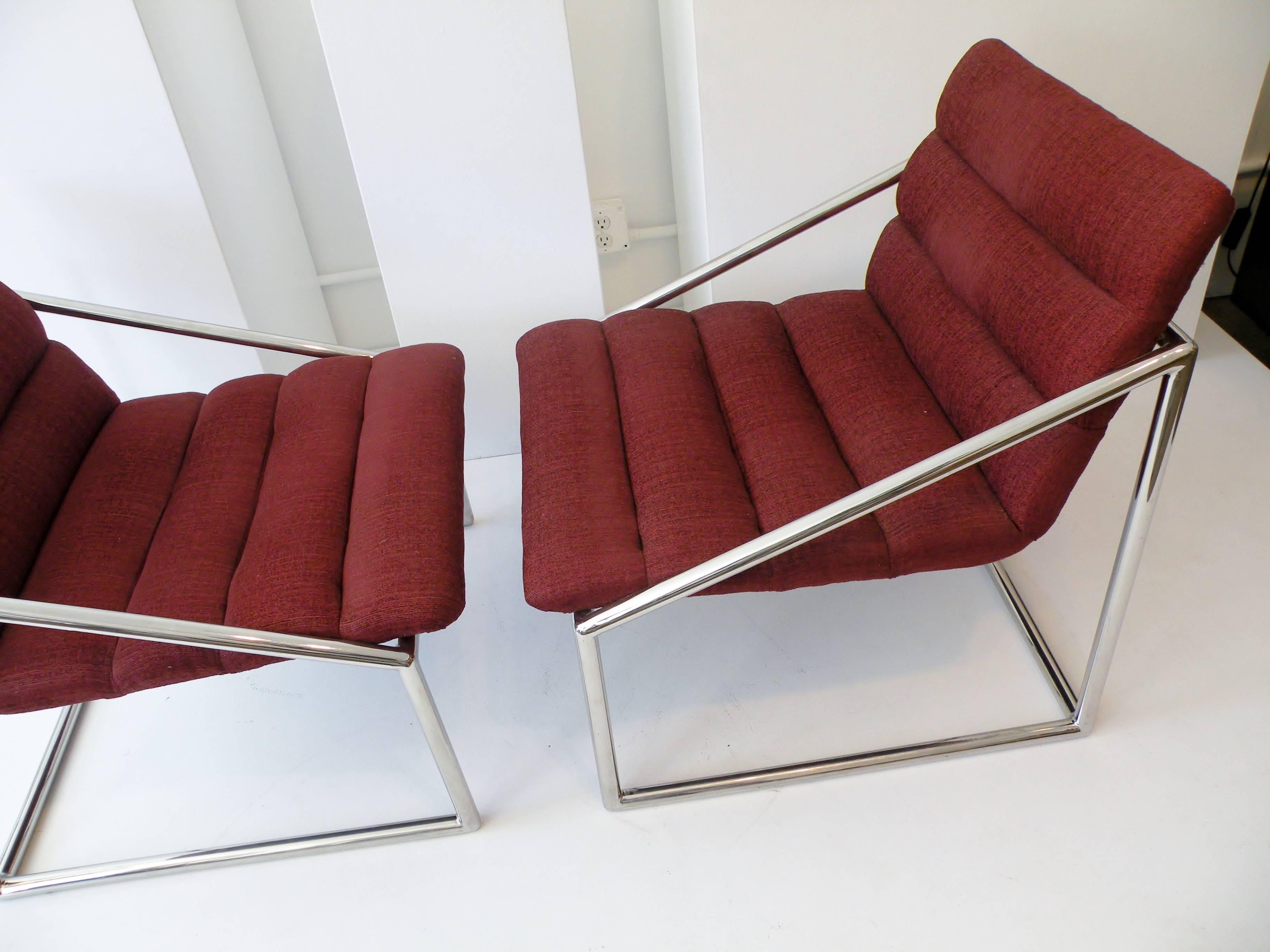 Late 20th Century Mid-Century Modern Chrome Cube Sling Club Lounge Chairs, circa 1970s For Sale