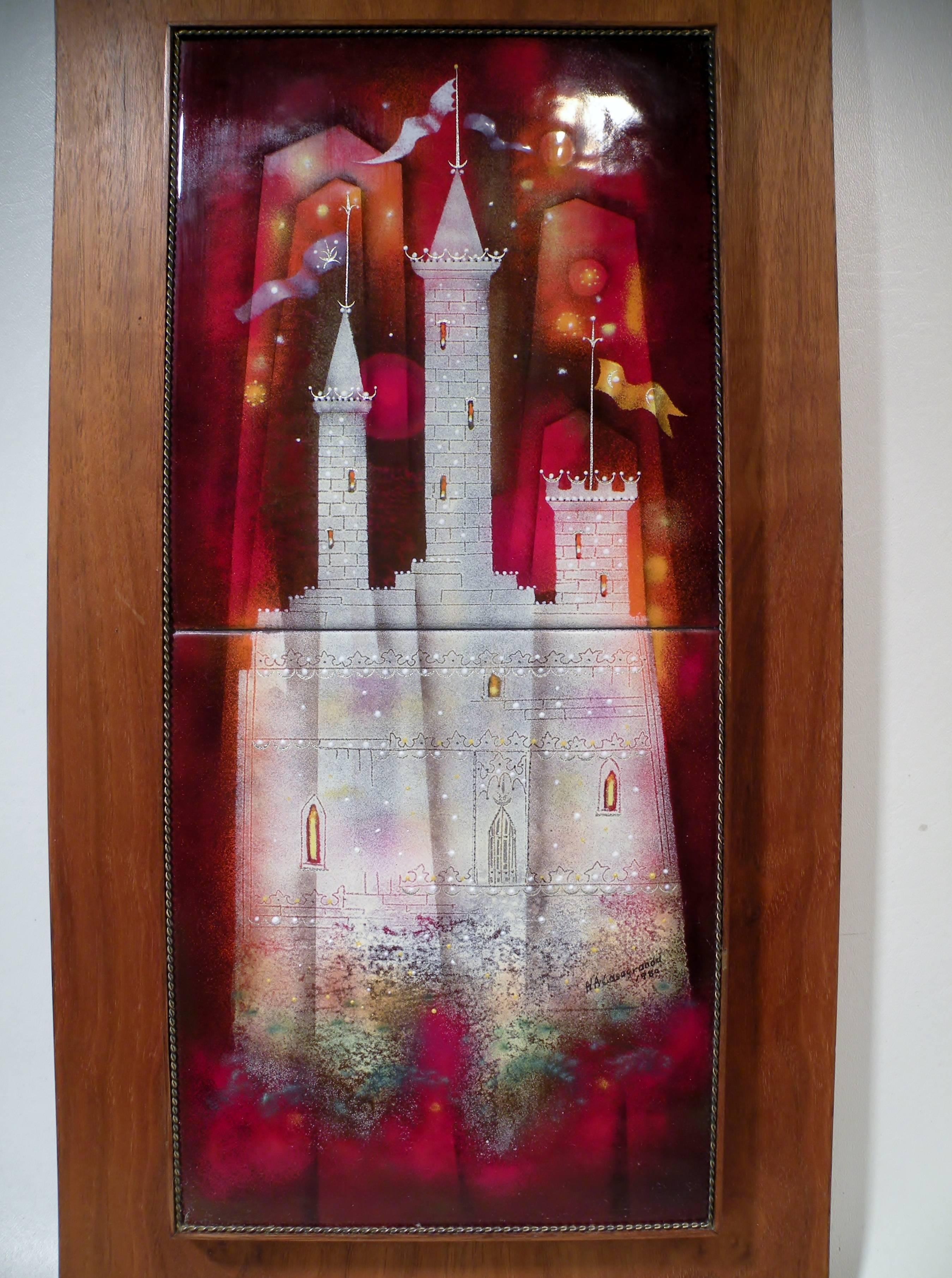 Herman Casagranda (1917-2011) Colorado, Medieval Castle, enamel on copper with walnut frame back.  Image: 7.25" x 16", outside frame dimensions 11" x 20.5".

Renowned for decorating his Frisco home in a medieval style along with