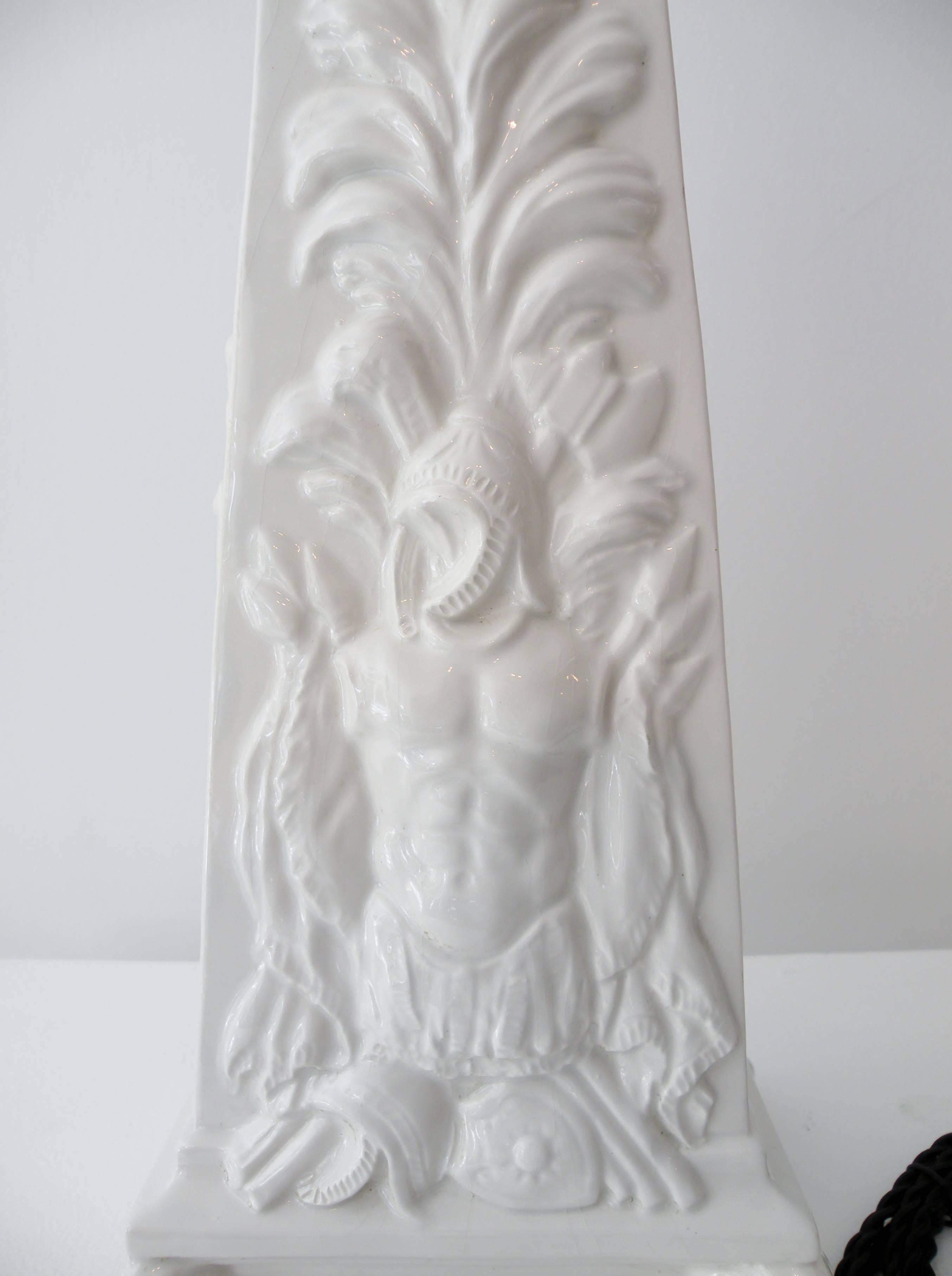 Mottahedeh Blanc de Chine Classical Obelisk Pair Table Lamps Italian Ceramic In Good Condition For Sale In Denver, CO