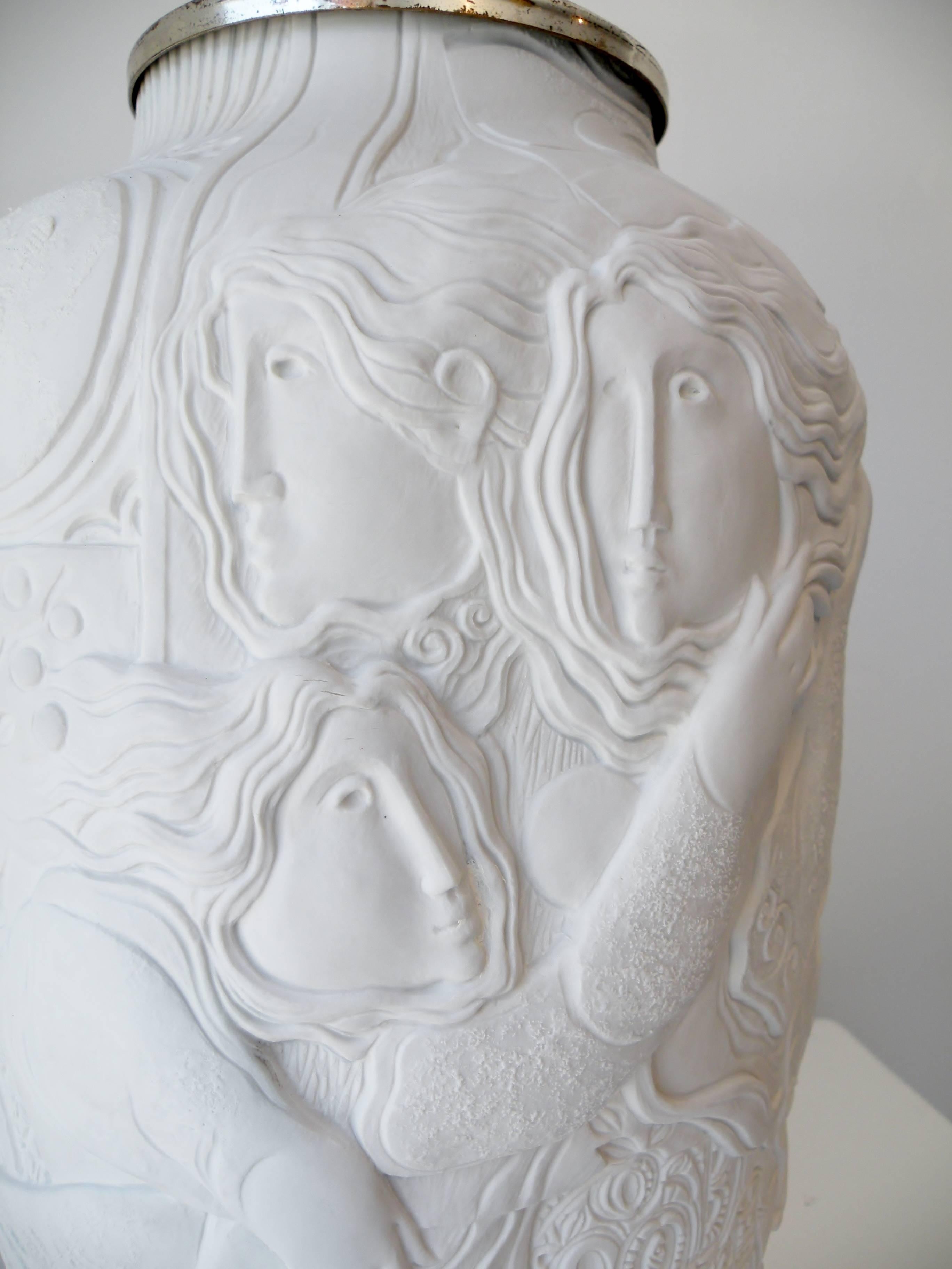 Mid-Century Modern Alvar Sunor Spanish Relief Sculpture Porcelain Vase Les Temps de Nos Jours