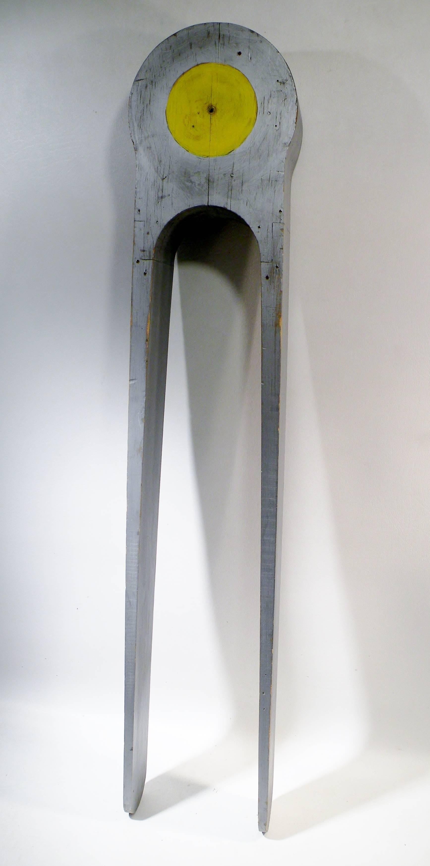 Sculptural 1940s era handmade 3D Folk Art oversize tool or clothespin trade sign. Constructed of wood with matching silver and yellow painted surfaces to both sides. As found with warm patinated surface showing honest surface loss. Measures: Total
