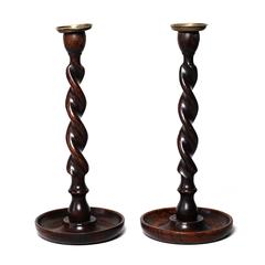 Pair of 19th Century Antique English Oak Barley Twist Candlesticks